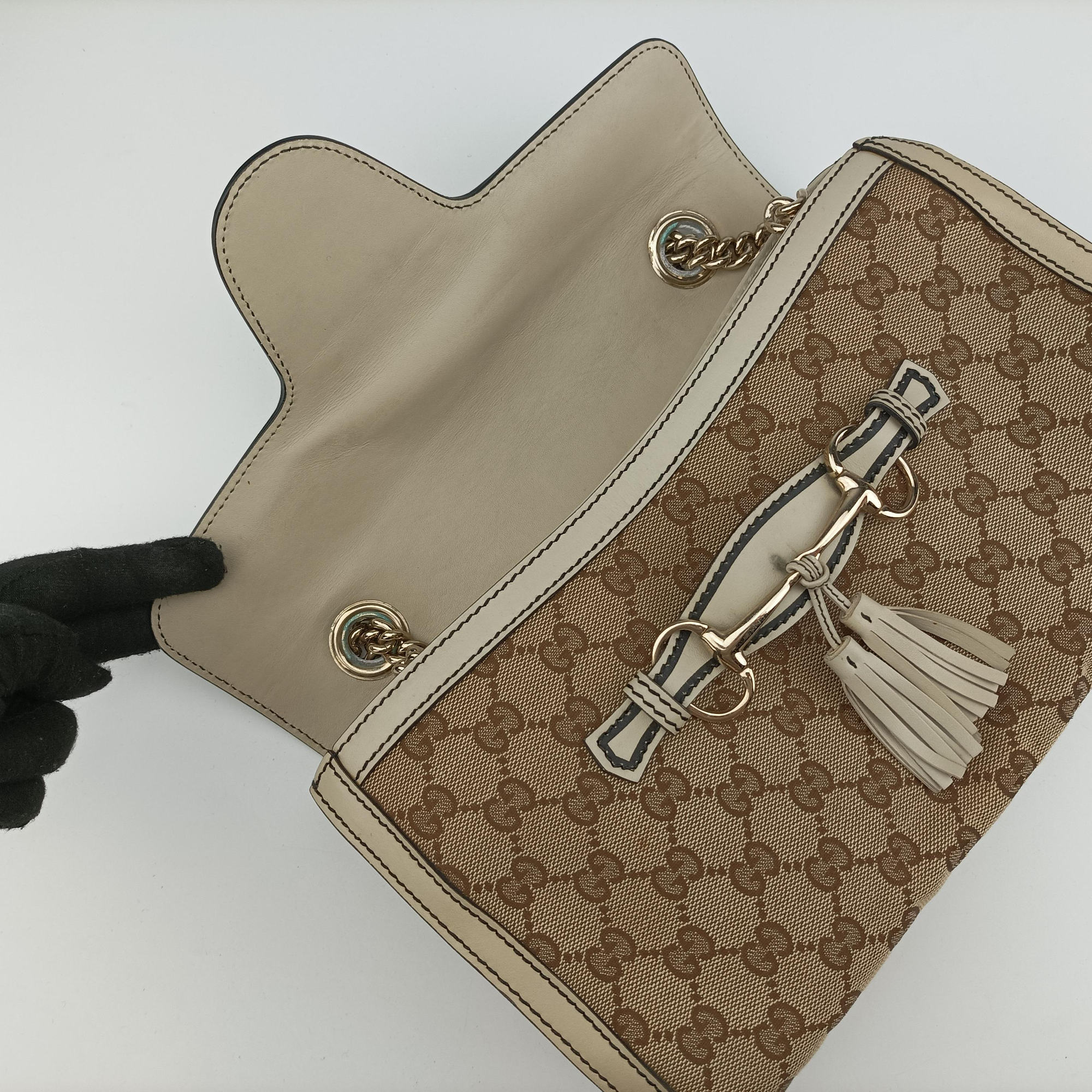 Pre-owned Gucci Emily white x beige canvas×leather 295402 shoulderbag | stylenewstar