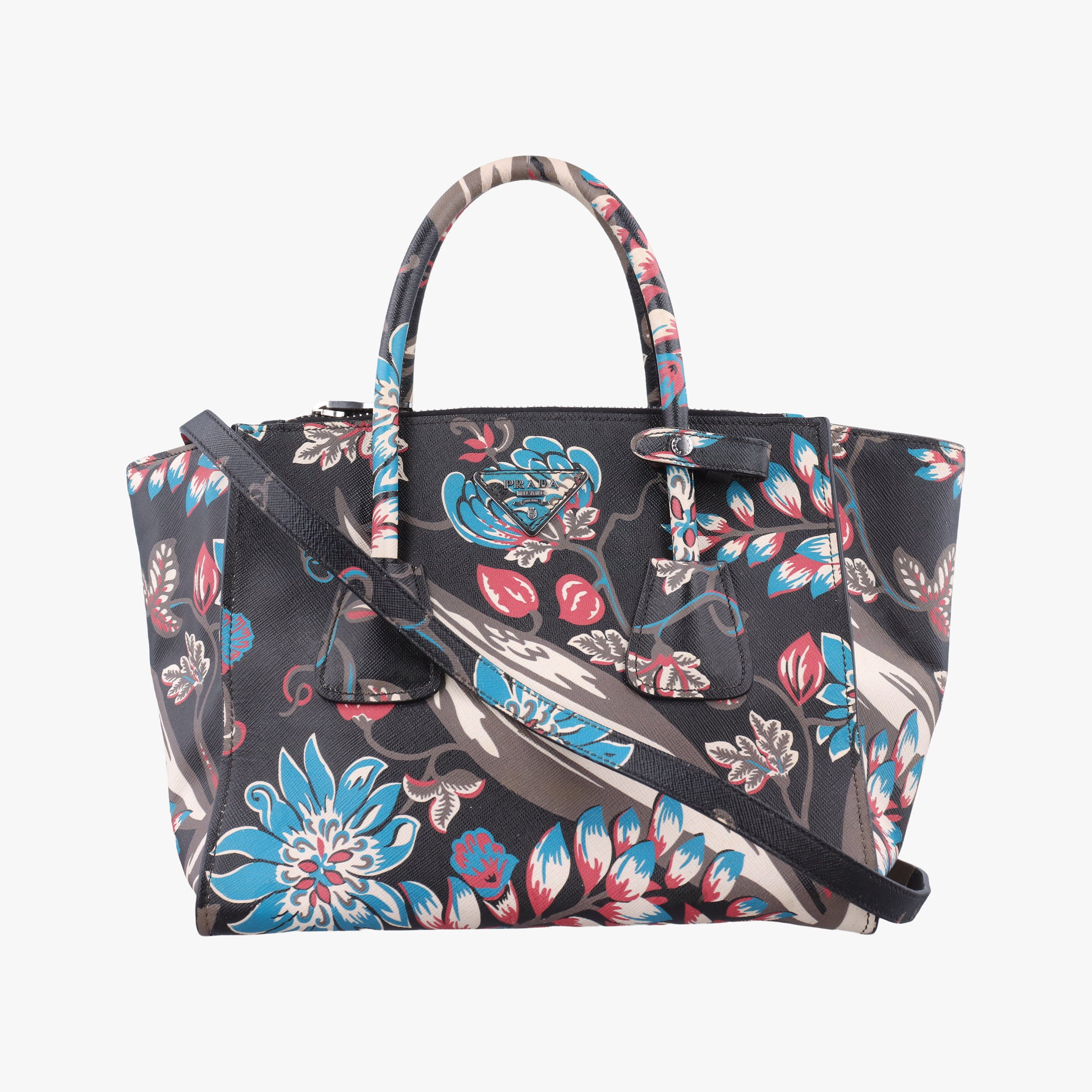Pre-owned Prada Galleria Floral Print Multicolour SAFFIANO Leather BN2274 shoulderbag | stylenewstar