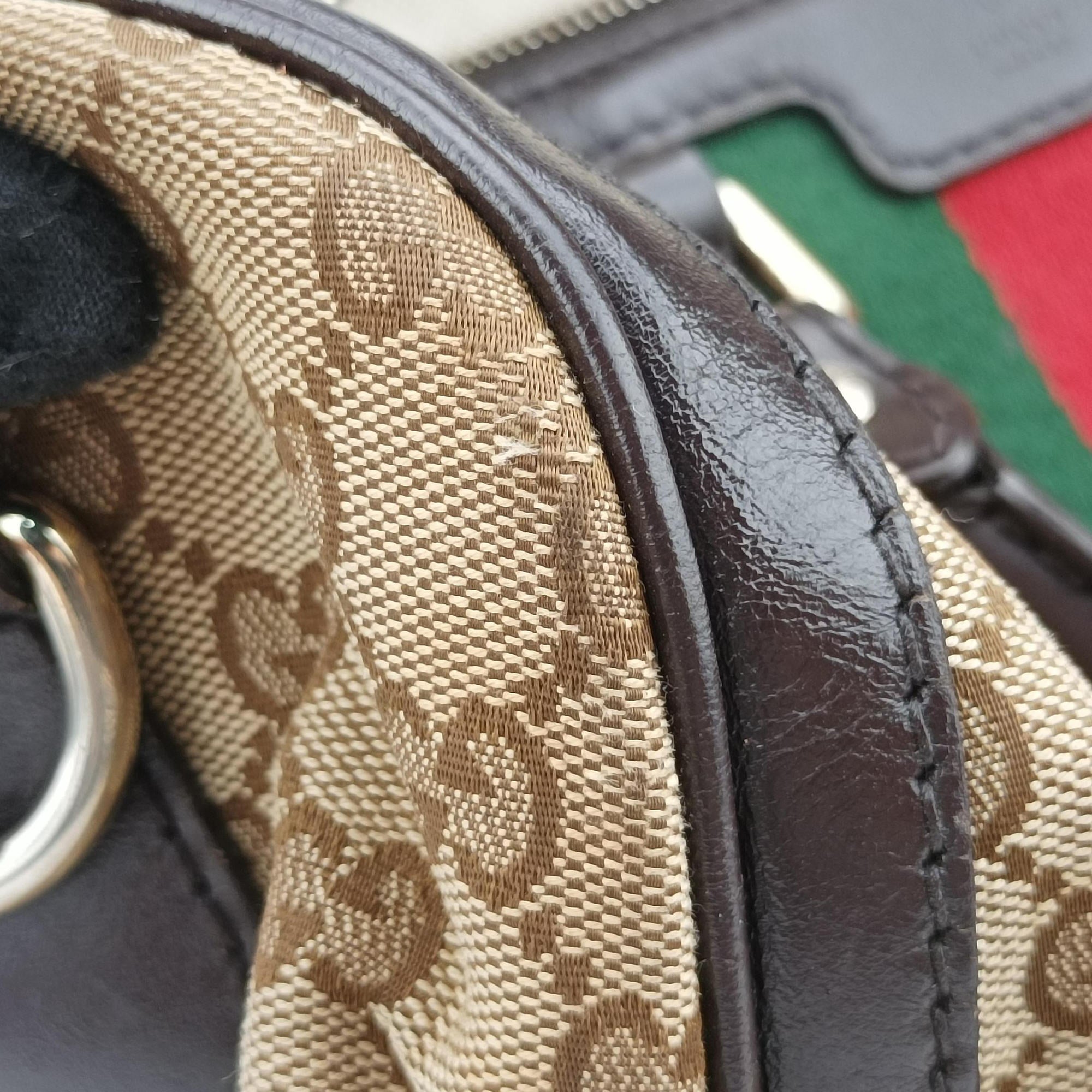 Pre-owned Gucci Sherry Line Beige×green×red×Brown canvas×leather 247205 shoulderbag | stylenewstar