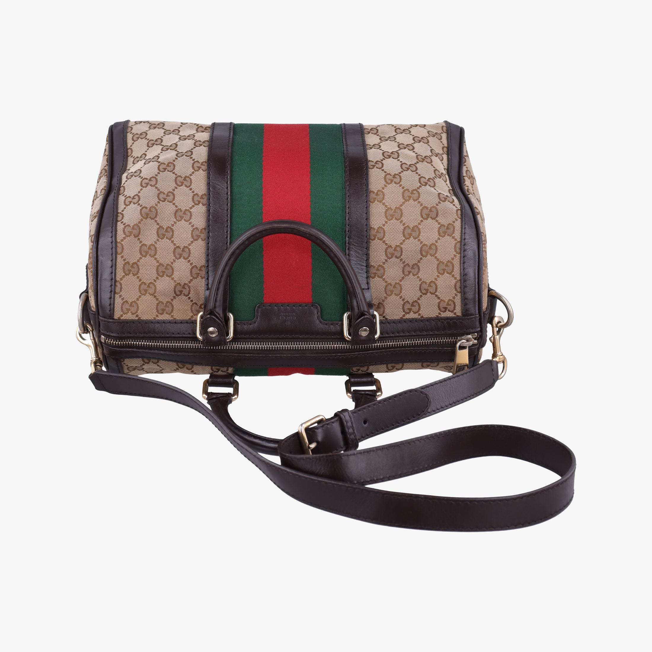 Pre-owned Gucci Sherry Line Beige×green×red×Brown canvas×leather 247205 shoulderbag | stylenewstar