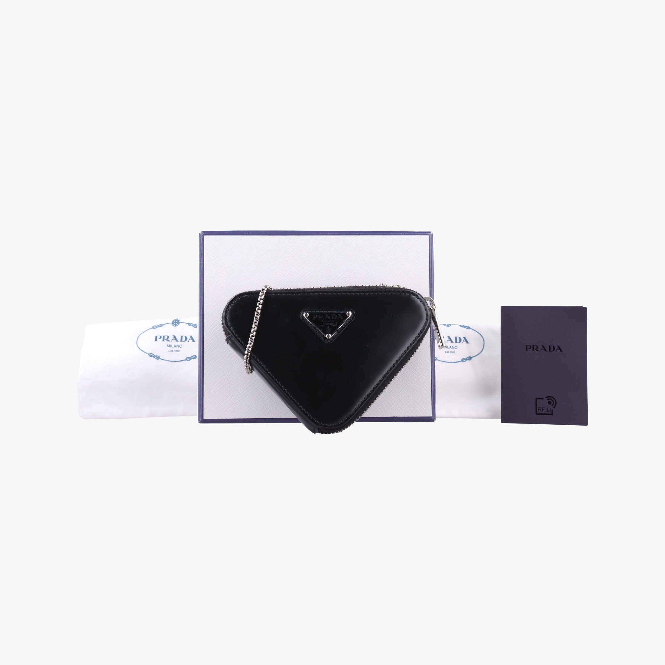 Pre-owned Prada Triangle Chain Pouch Black Leather  shoulderbag | stylenewstar
