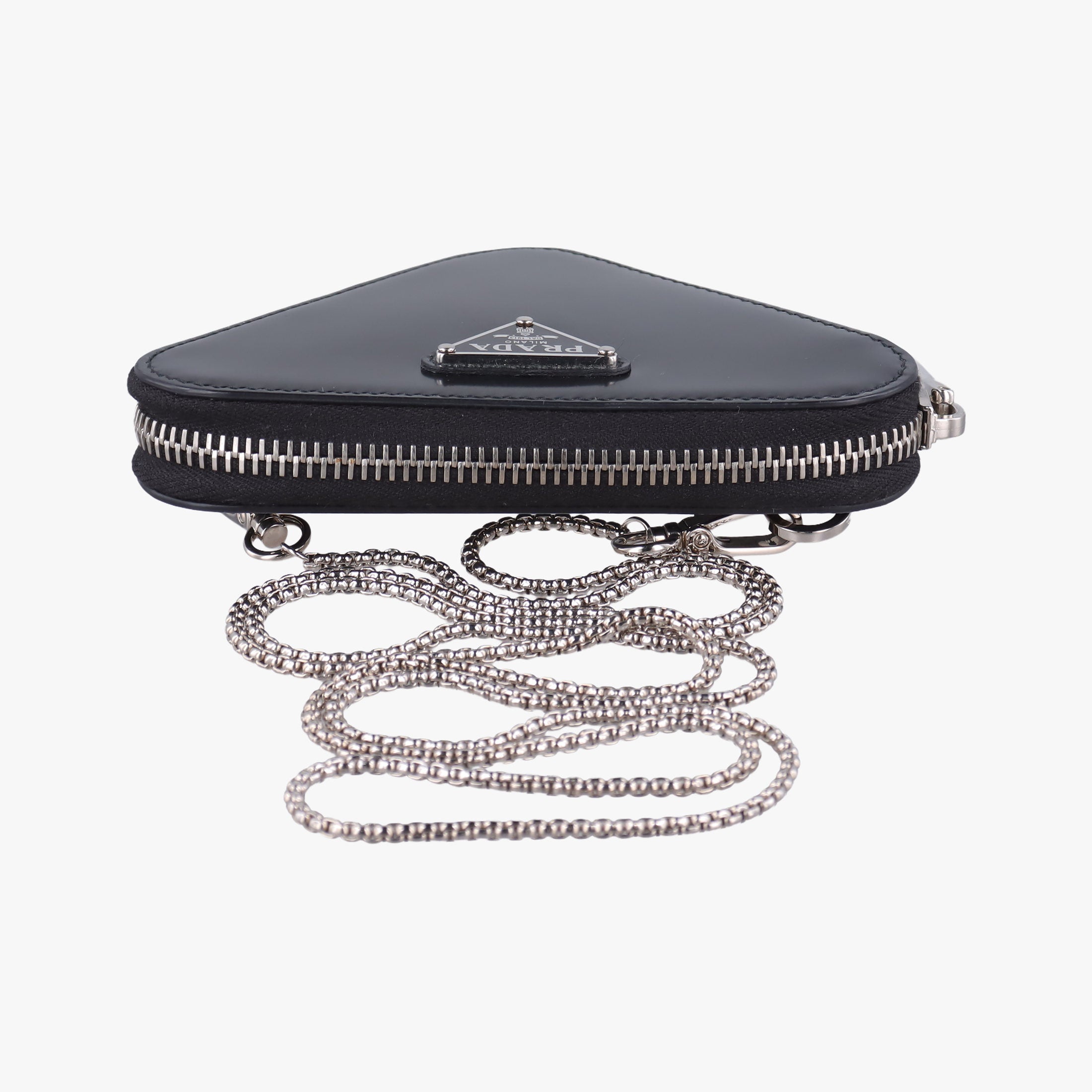 Pre-owned Prada Triangle Chain Pouch Black Leather  shoulderbag | stylenewstar
