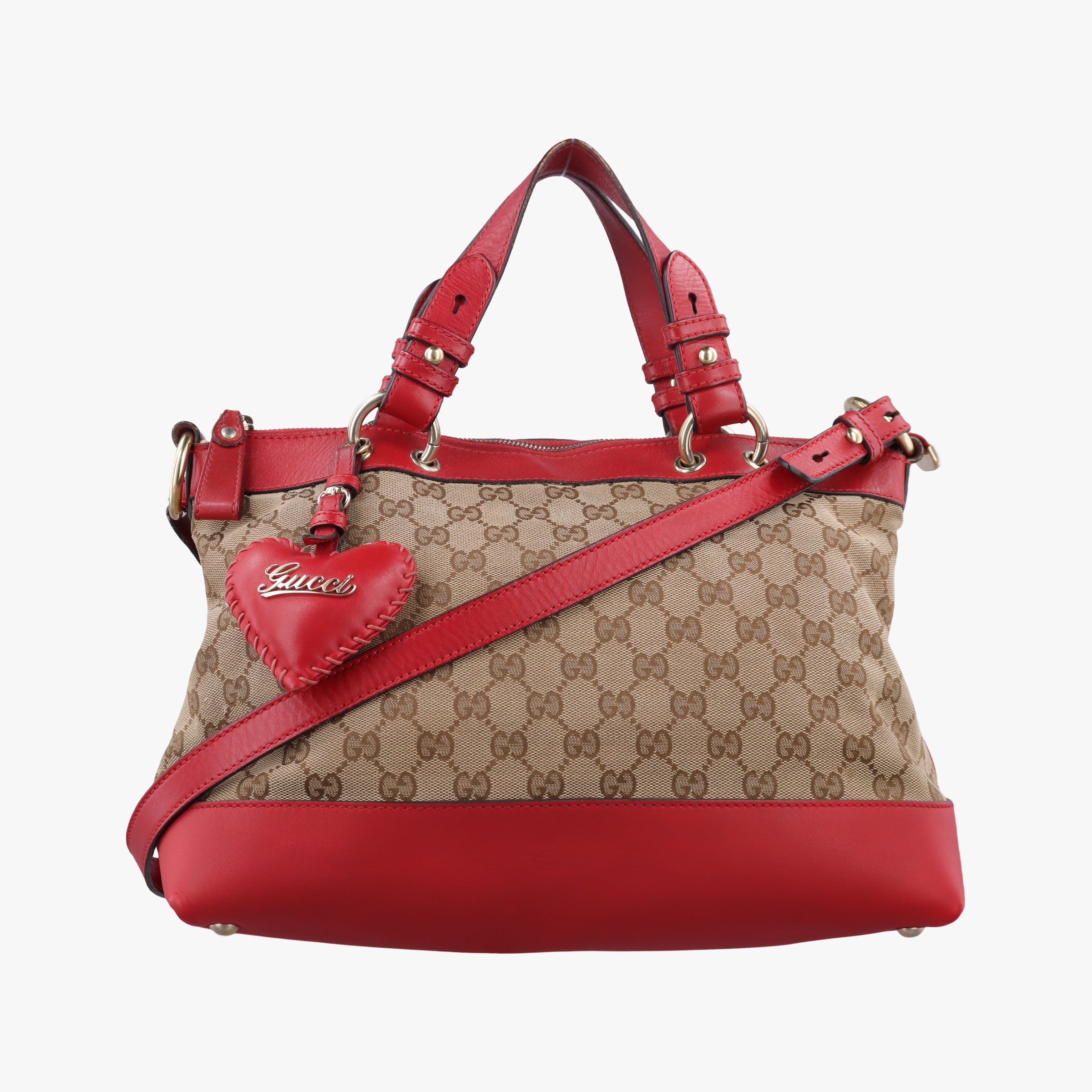 Pre-owned Gucci Valentine heart charm beige×red canvas×leather 309122 shoulderbag | stylenewstar