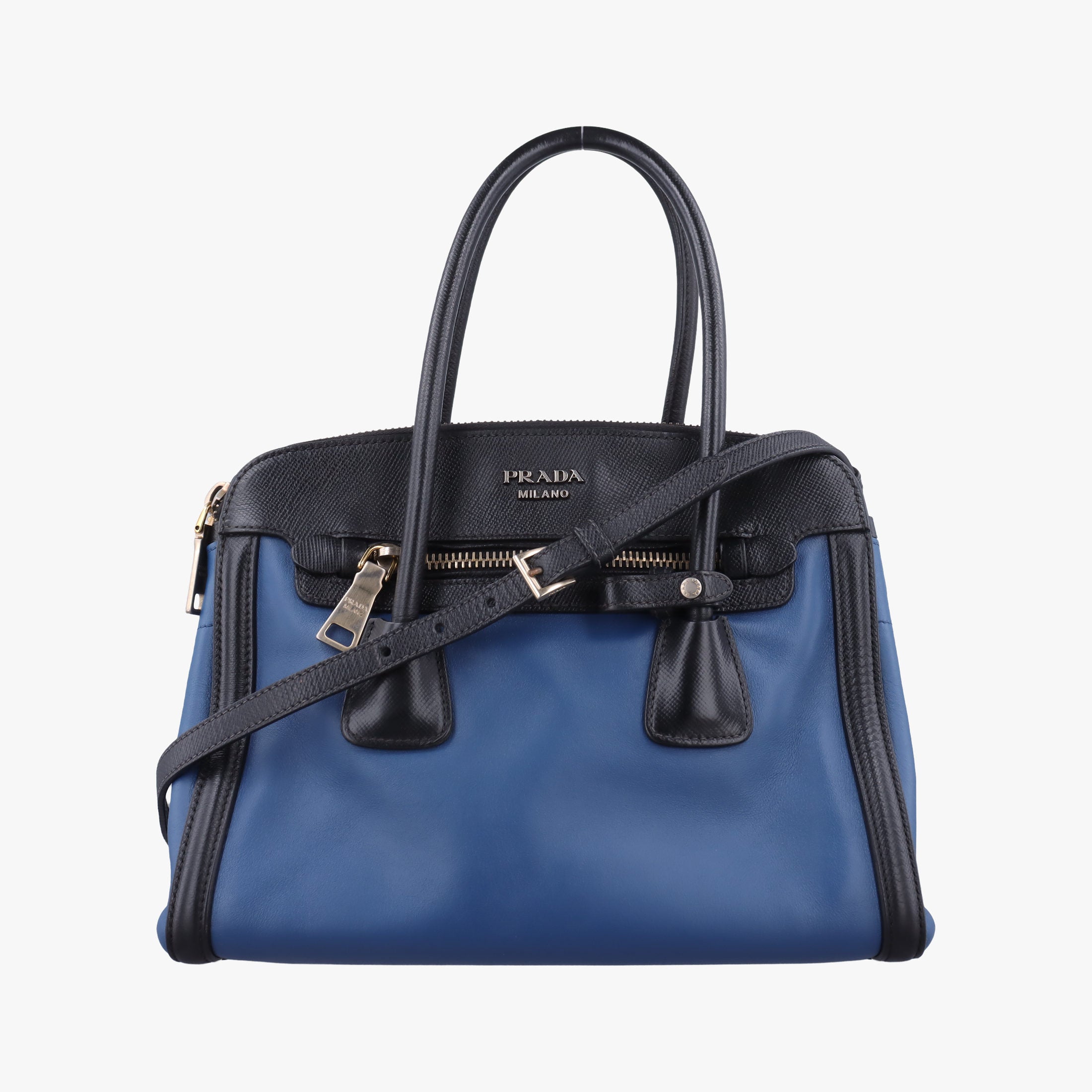 Pre-owned Prada Double Zip Convertible Tote Black×Blue Saffiano Leather×Leather  shoulderbag | stylenewstar