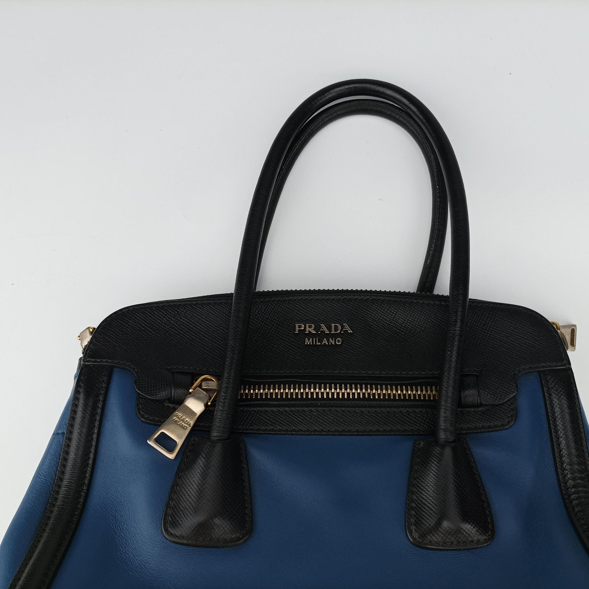 Pre-owned Prada Double Zip Convertible Tote Black×Blue Saffiano Leather×Leather  shoulderbag | stylenewstar