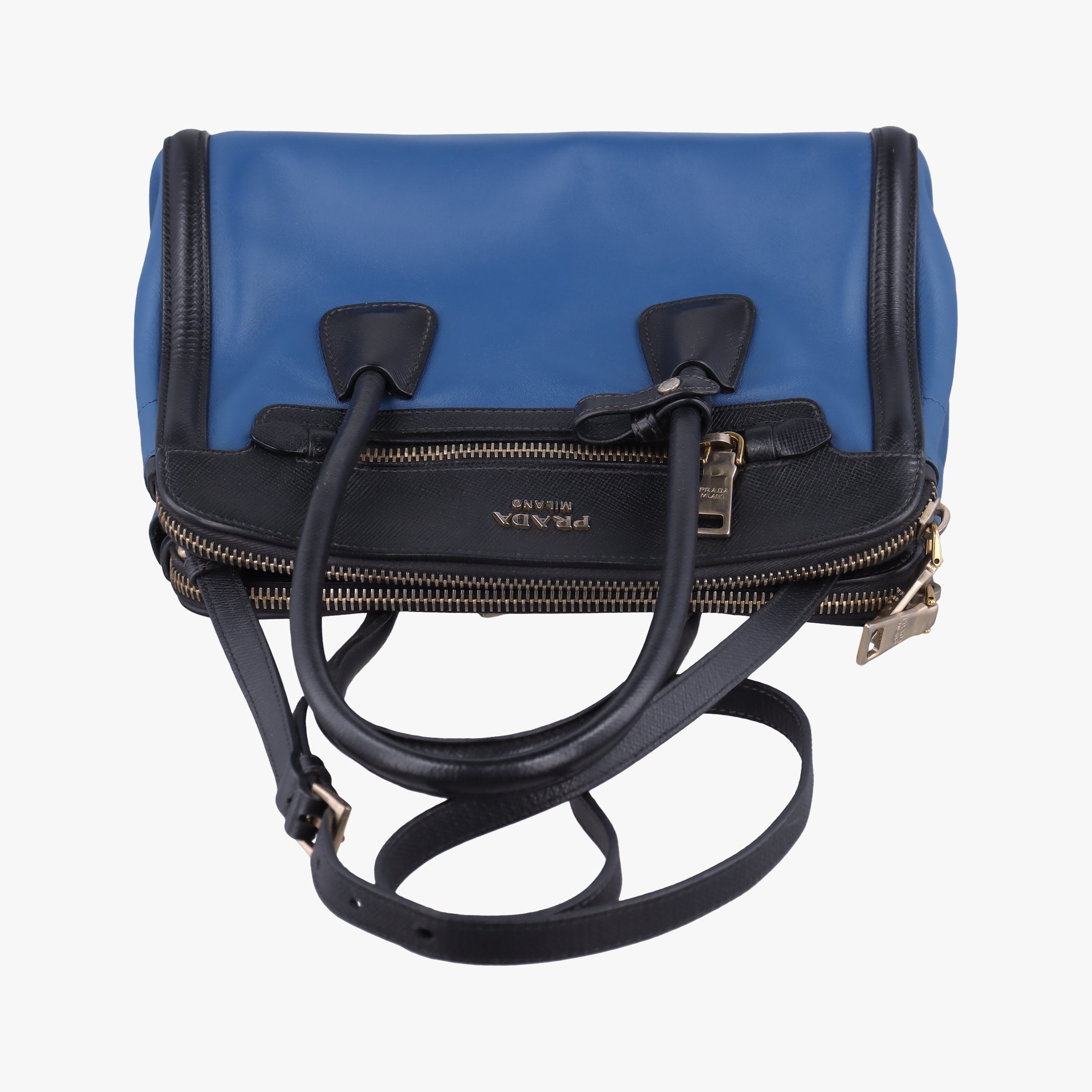 Pre-owned Prada Double Zip Convertible Tote Black×Blue Saffiano Leather×Leather  shoulderbag | stylenewstar