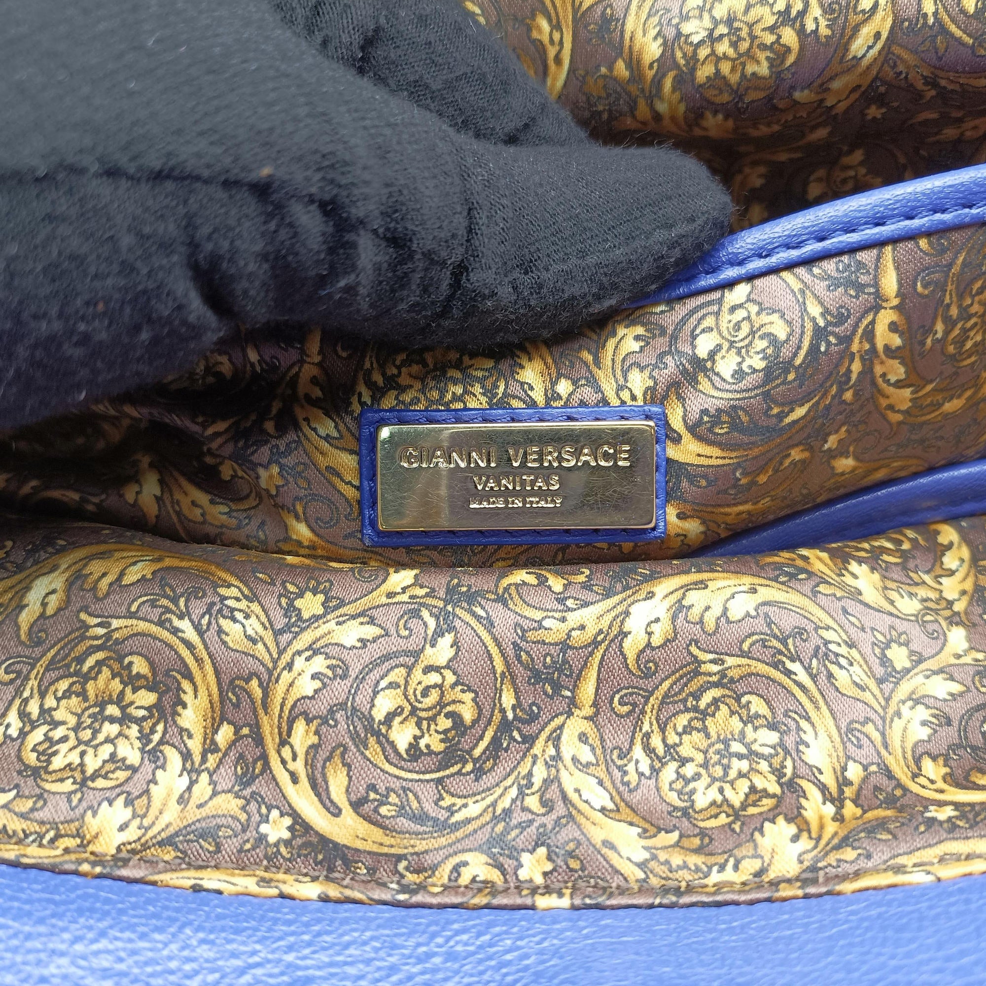 Pre-owned VERSACE Vanitas Medusa Blue leather  handbag | stylenewstar