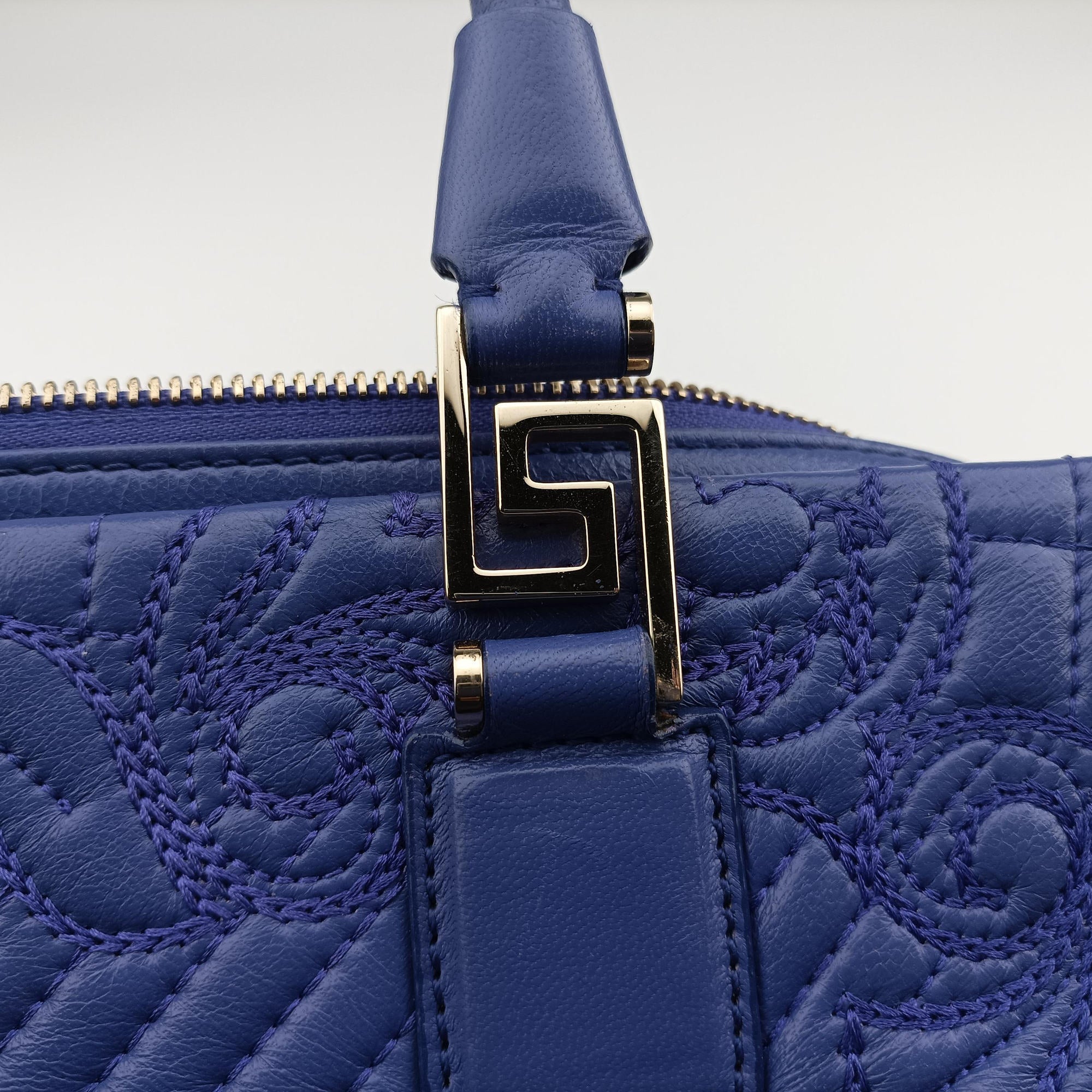 Pre-owned VERSACE Vanitas Medusa Blue leather  handbag | stylenewstar