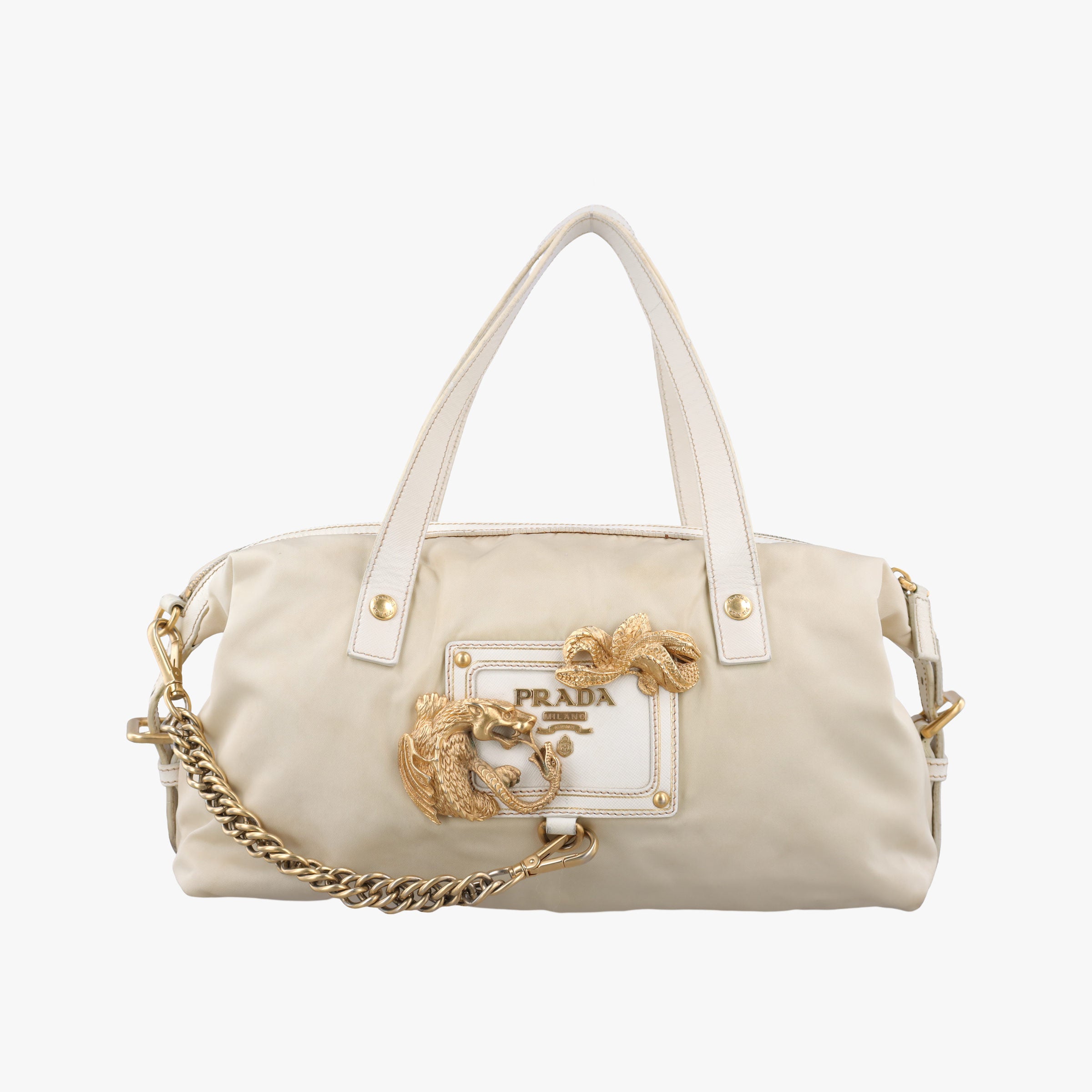 Pre-owned Prada Animalier White Tessuto Nylon & Saffiano Leather  handbag | stylenewstar