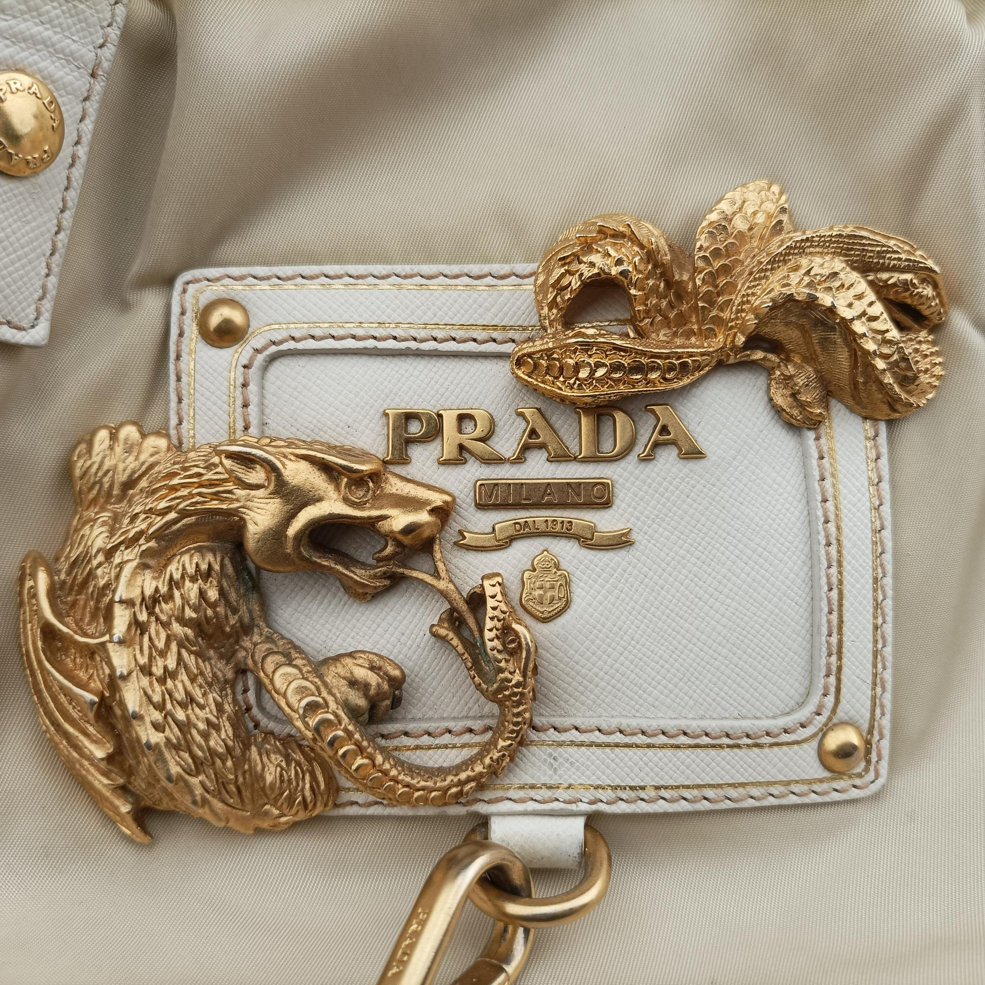 Pre-owned Prada Animalier White Tessuto Nylon & Saffiano Leather  handbag | stylenewstar