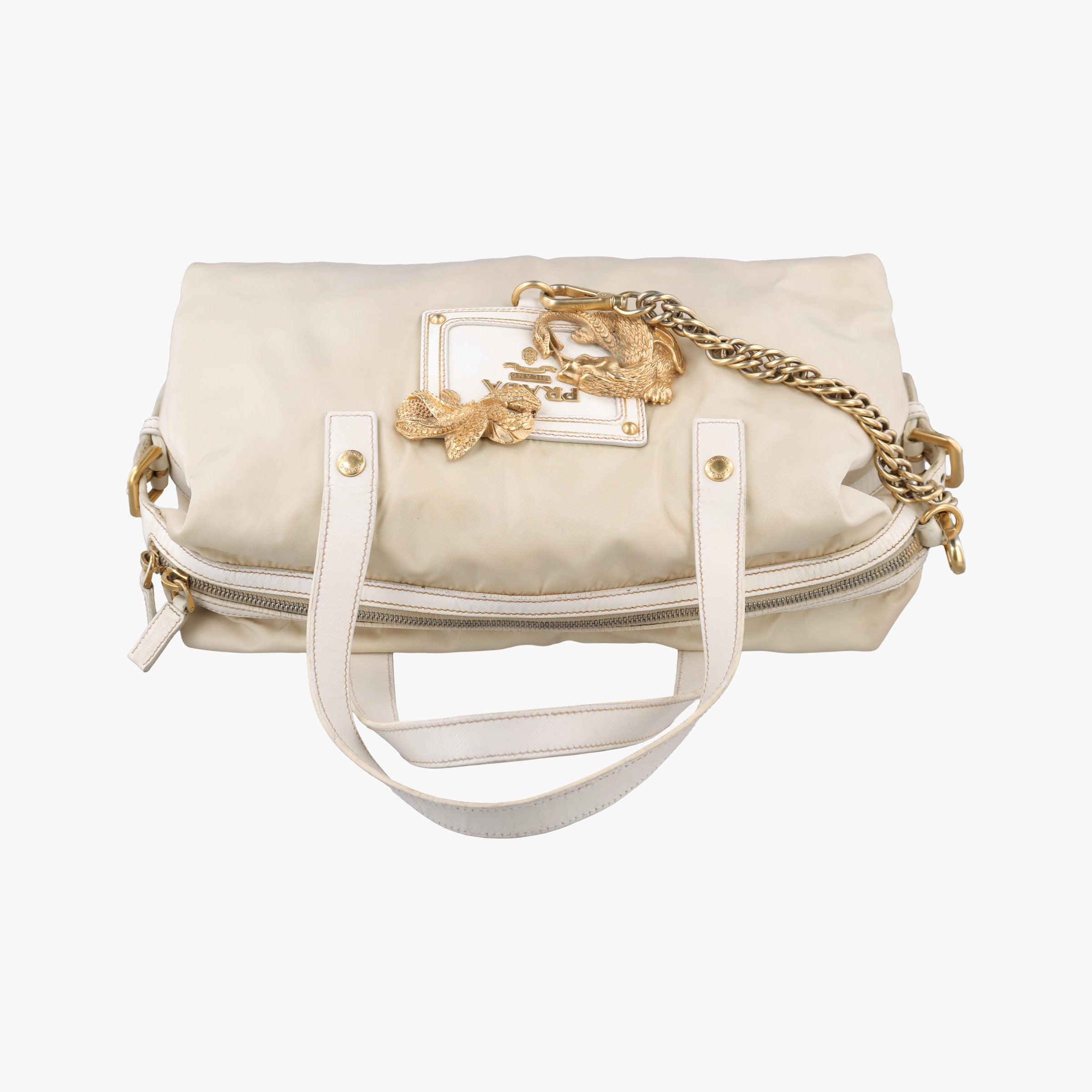 Pre-owned Prada Animalier White Tessuto Nylon & Saffiano Leather  handbag | stylenewstar