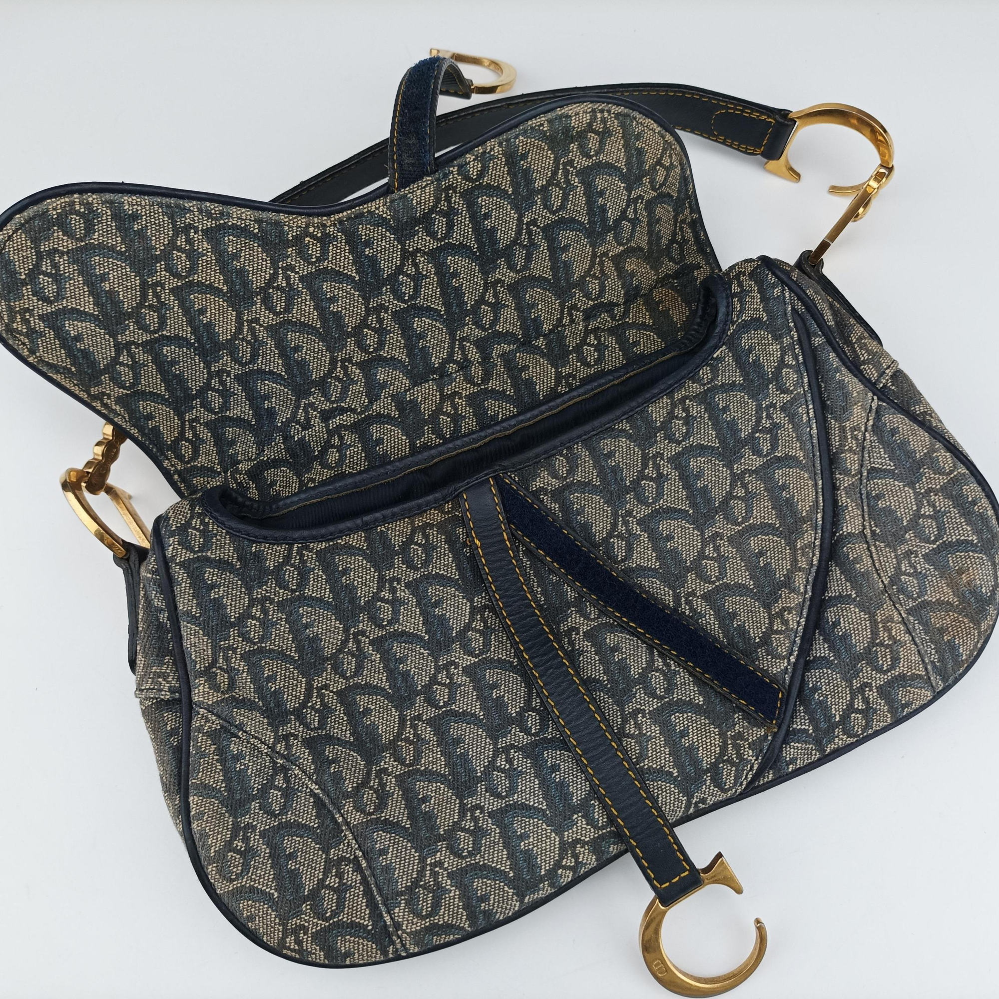 Vintage Christian Dior Double Saddle Navy Jacquard  shoulderbag | stylenewstar