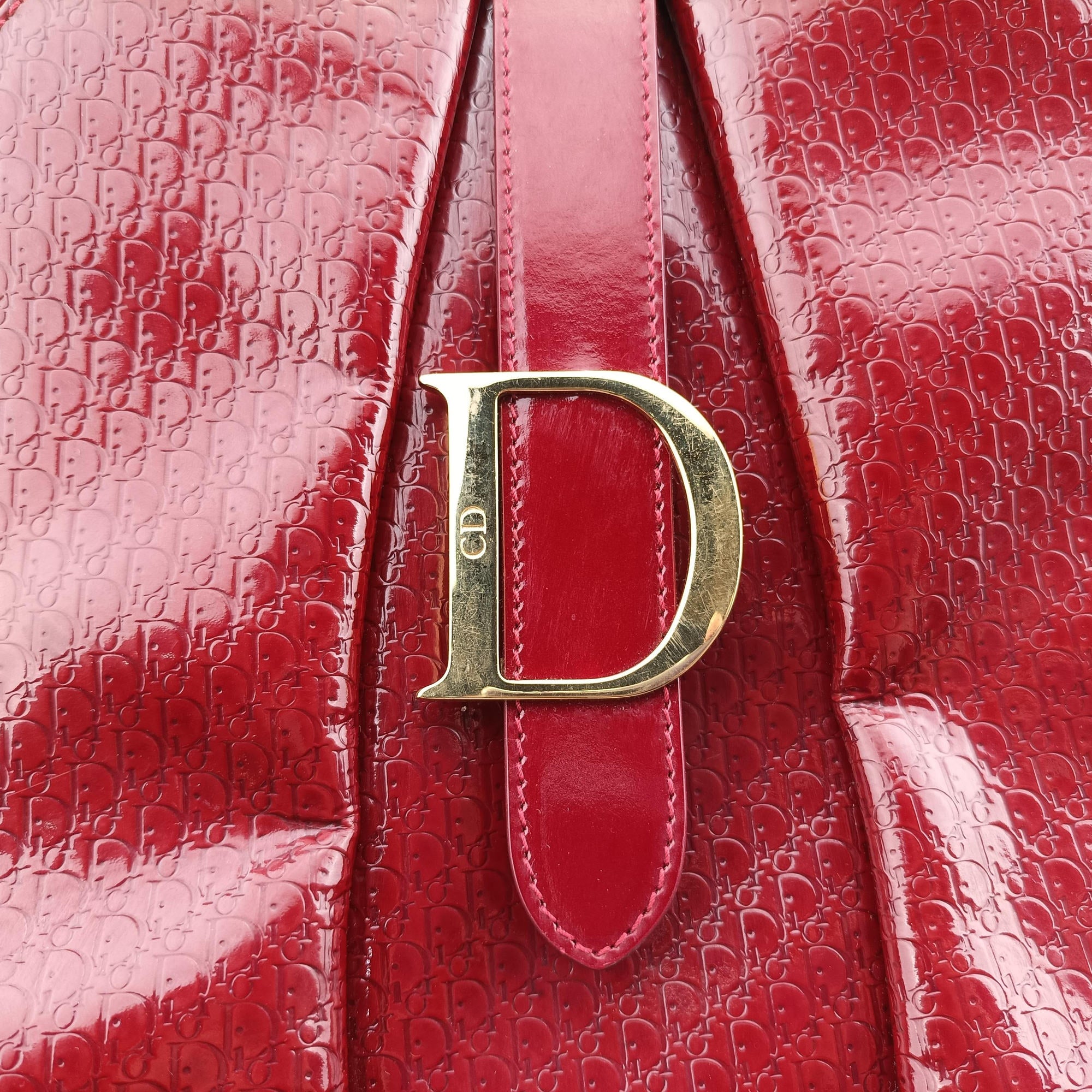 Pre-owned Christian Dior  Double Saddle Bowler Red patent  handbag | stylenewstar