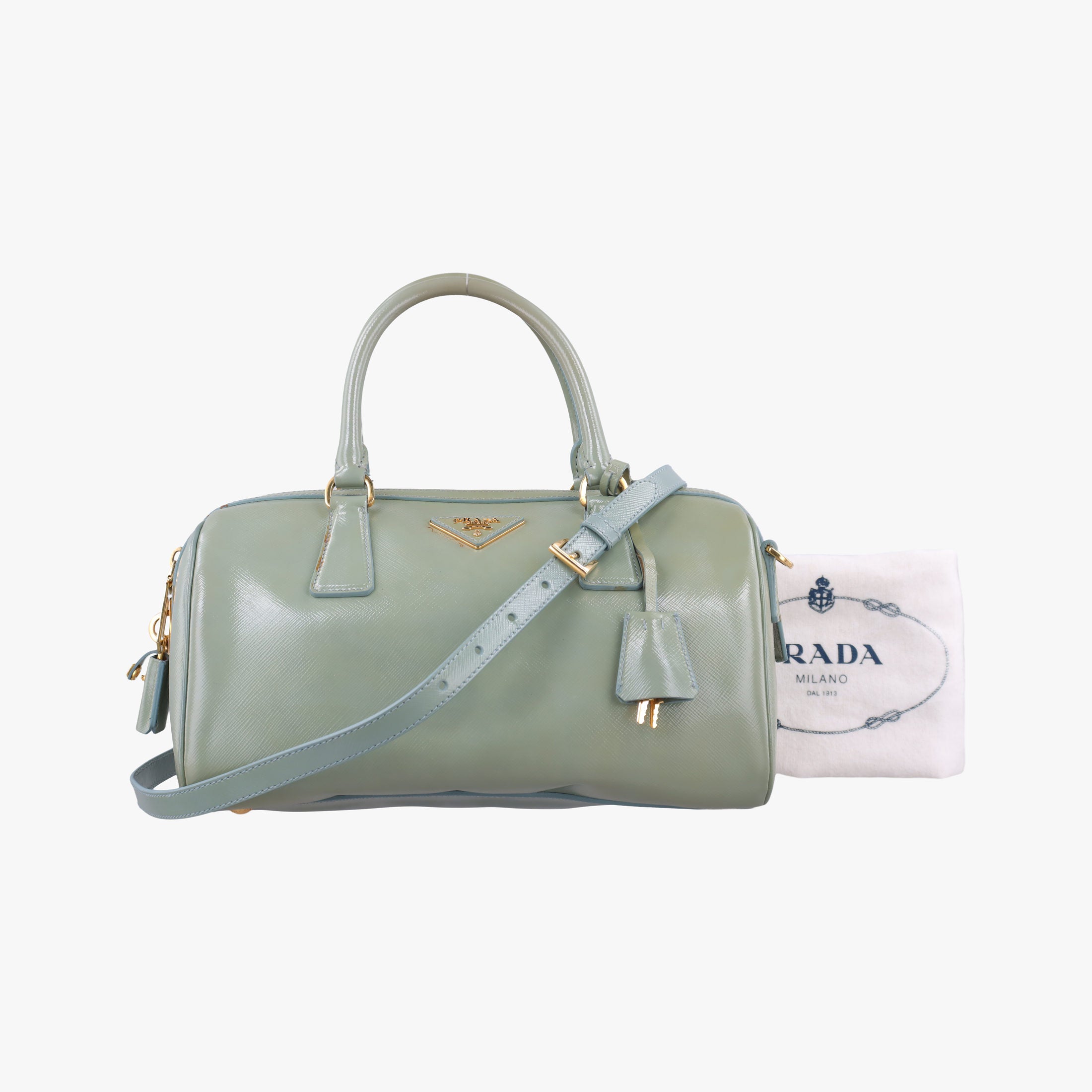 Pre-owned Prada Bowling Bag Green Patent SAFFIANO Leather BL0797 shoulderbag | stylenewstar