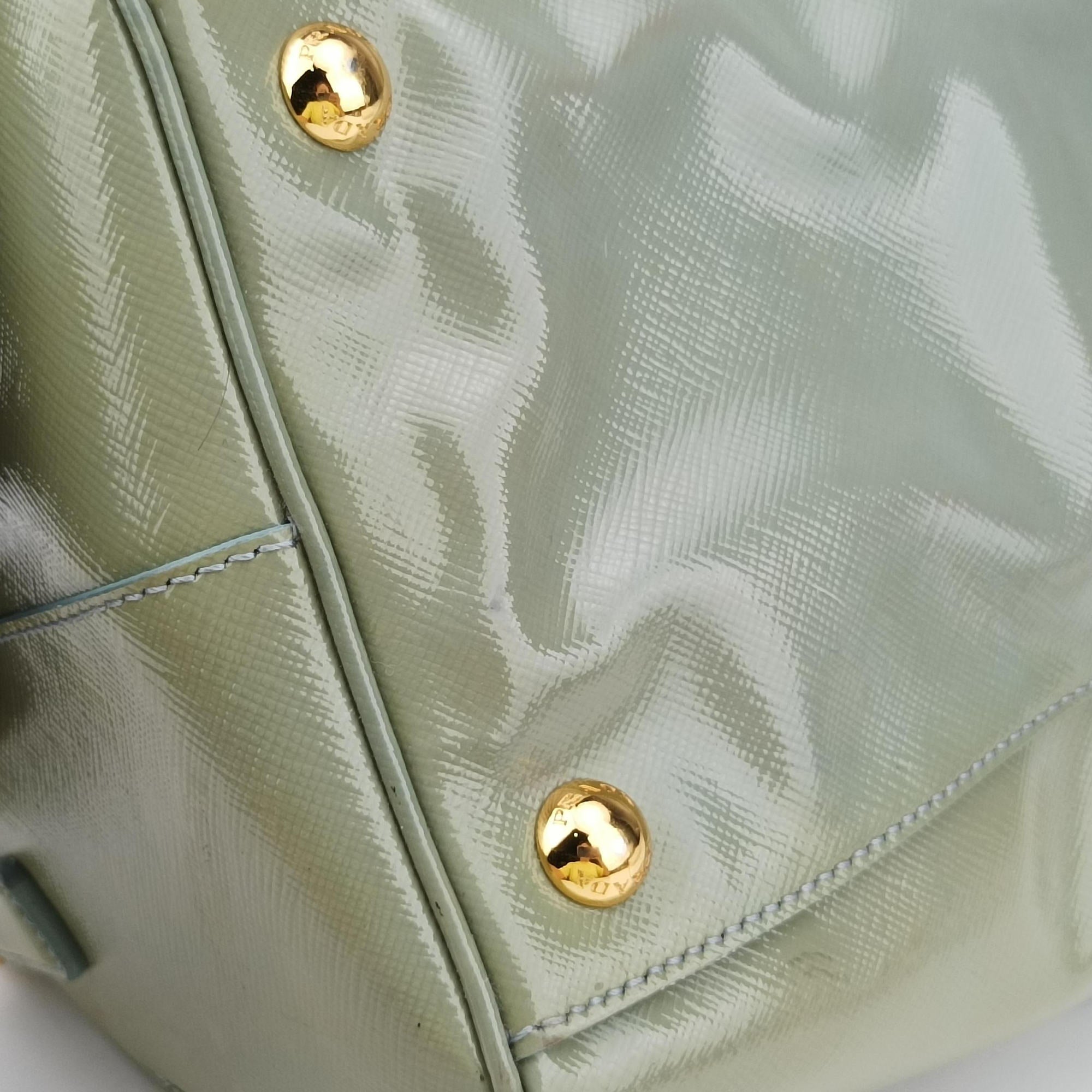 Pre-owned Prada Bowling Bag Green Patent SAFFIANO Leather BL0797 shoulderbag | stylenewstar