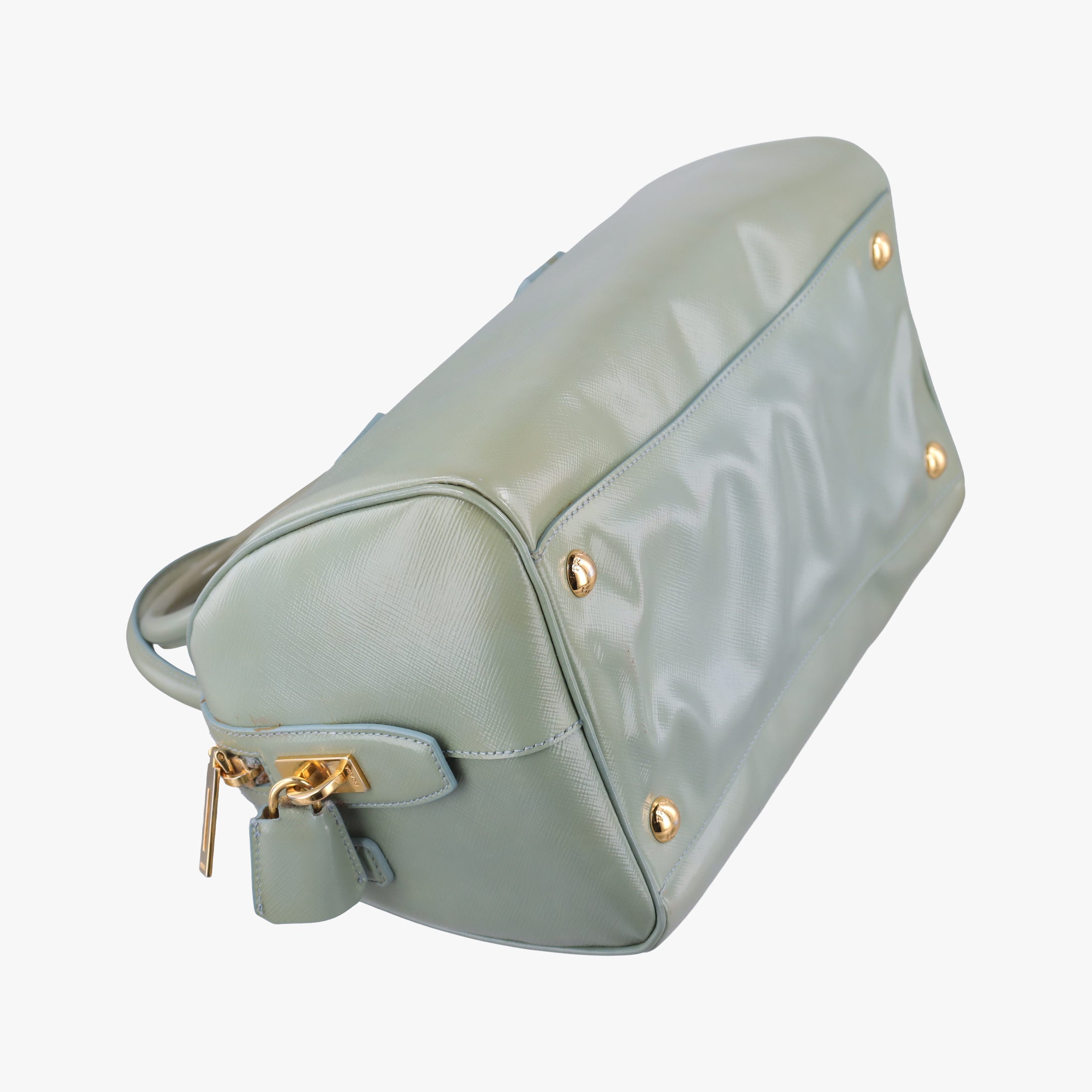 Pre-owned Prada Bowling Bag Green Patent SAFFIANO Leather BL0797 shoulderbag | stylenewstar