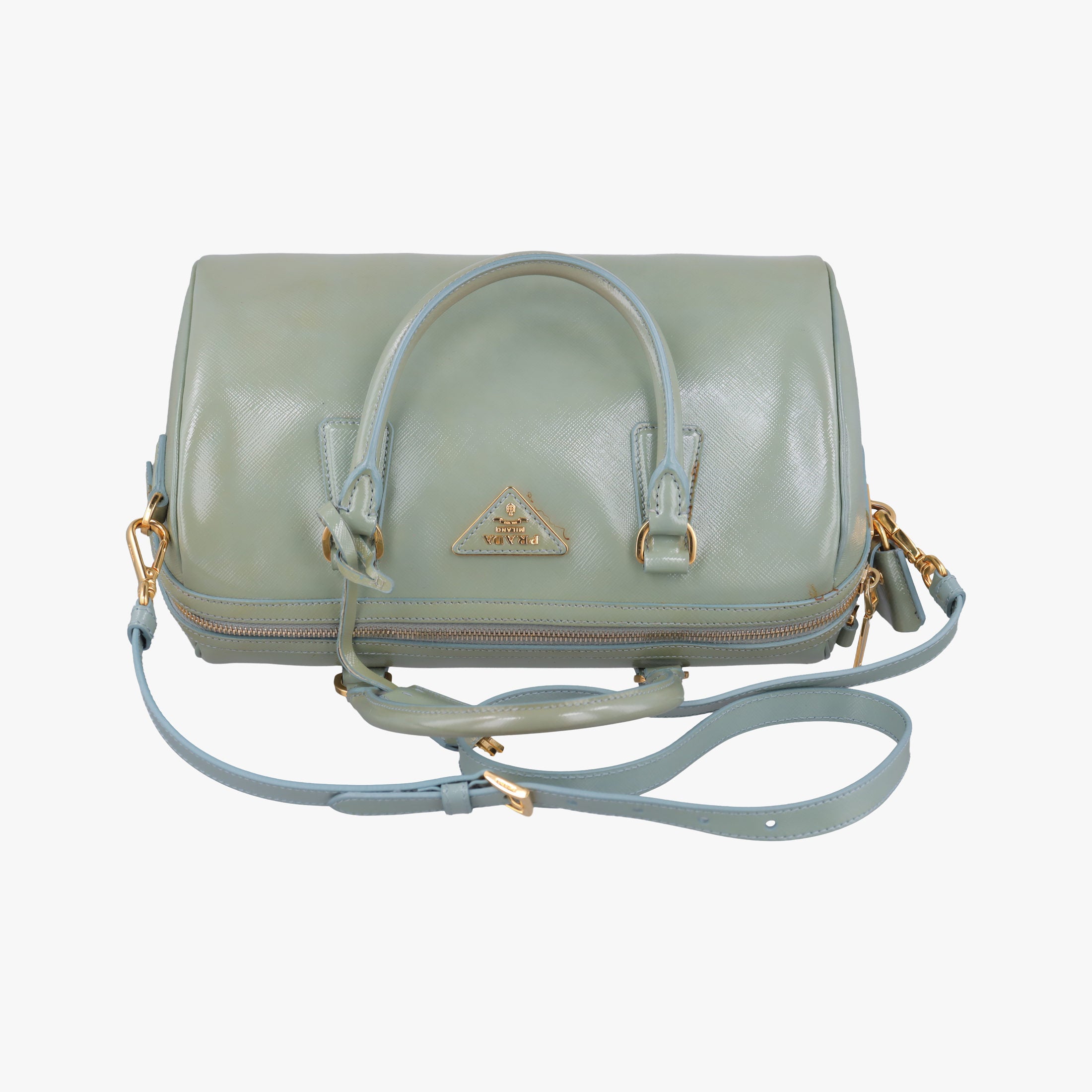 Pre-owned Prada Bowling Bag Green Patent SAFFIANO Leather BL0797 shoulderbag | stylenewstar