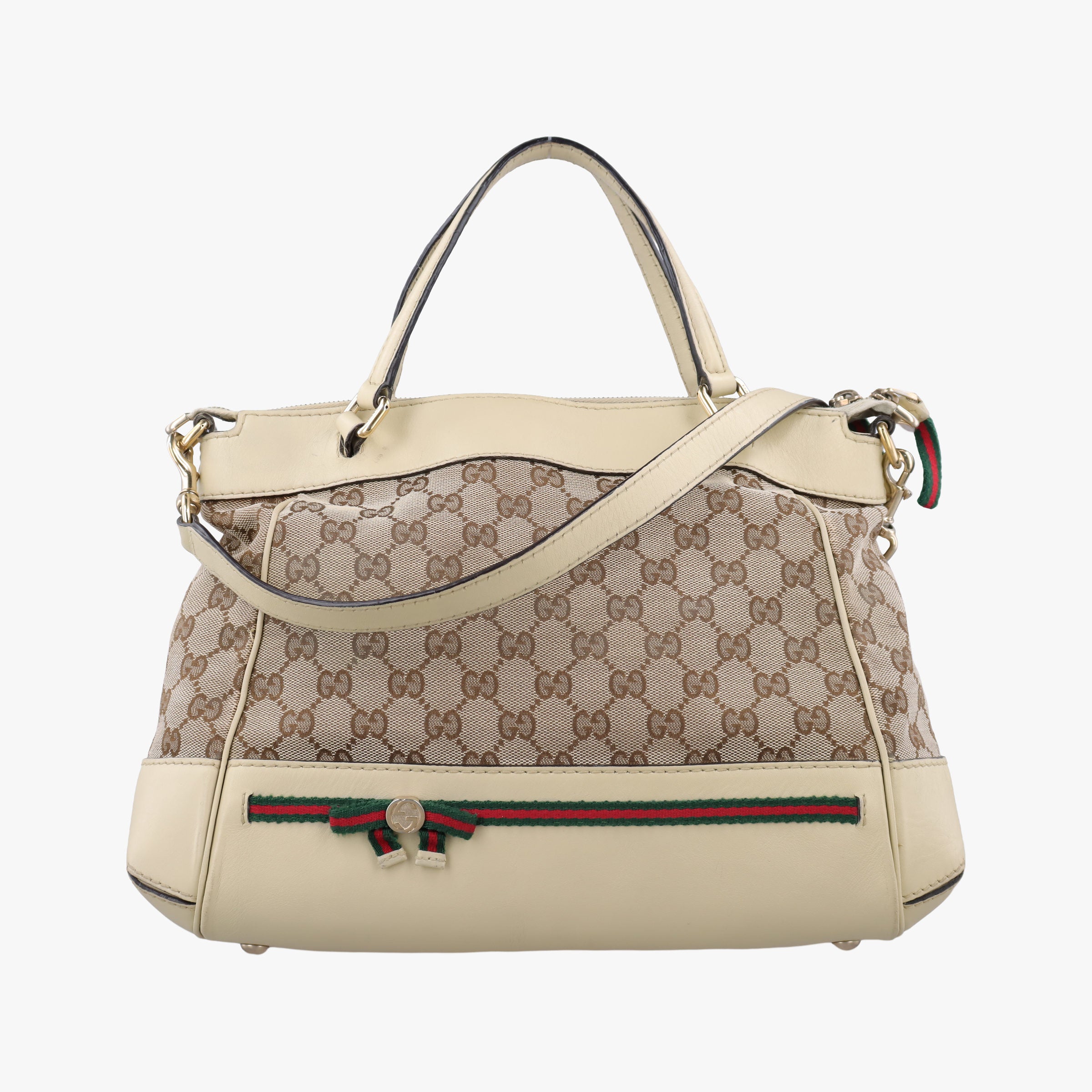 Pre-owned Gucci Mayfair Bow Tote beige x White Canvas × Leather 257349 shoulderbag | stylenewstar