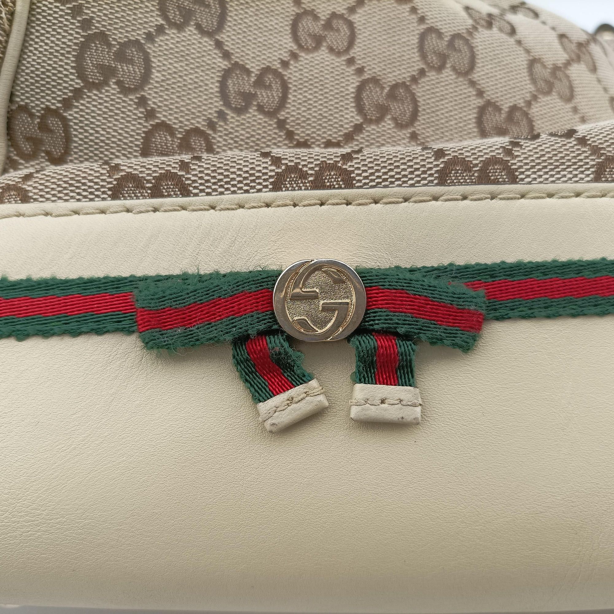 Pre-owned Gucci Mayfair Bow Tote beige x White Canvas × Leather 257349 shoulderbag | stylenewstar
