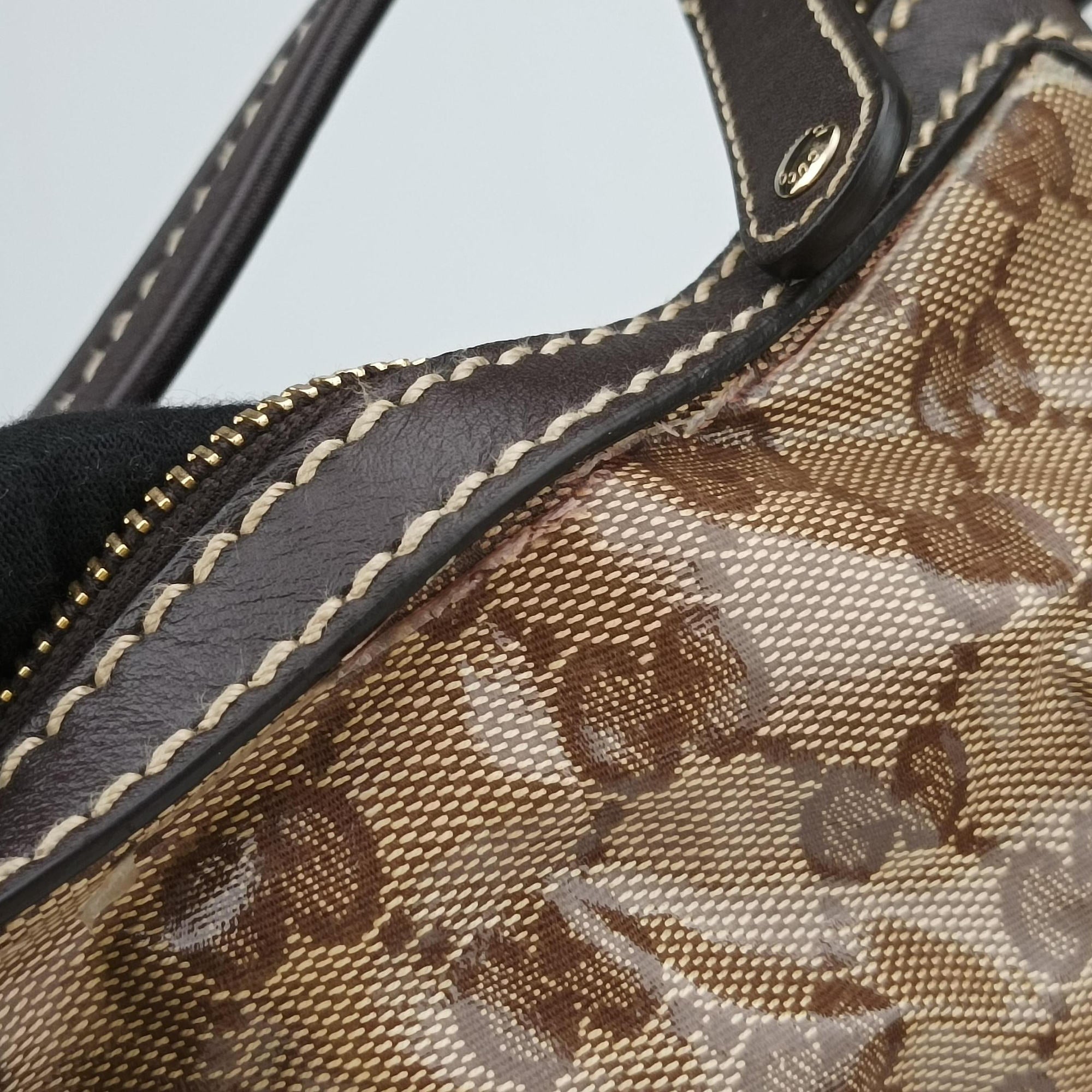 Pre-owned Gucci GG Crystal Beige × Brown PVC coated canvas ×Leather Trim 223965 handbag | stylenewstar