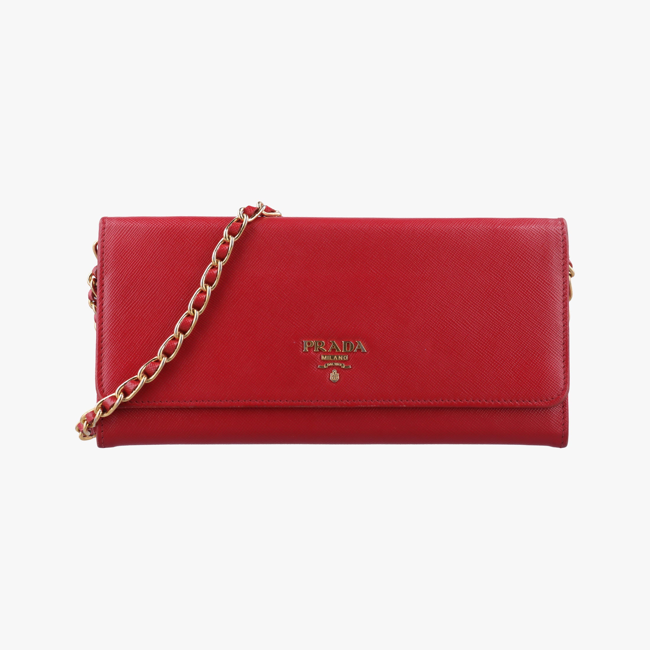 Pre-owned Prada Metal Wallet on Chain Cornflower Clutch Red Saffiano Leather 1MT290 shoulderbag | stylenewstar