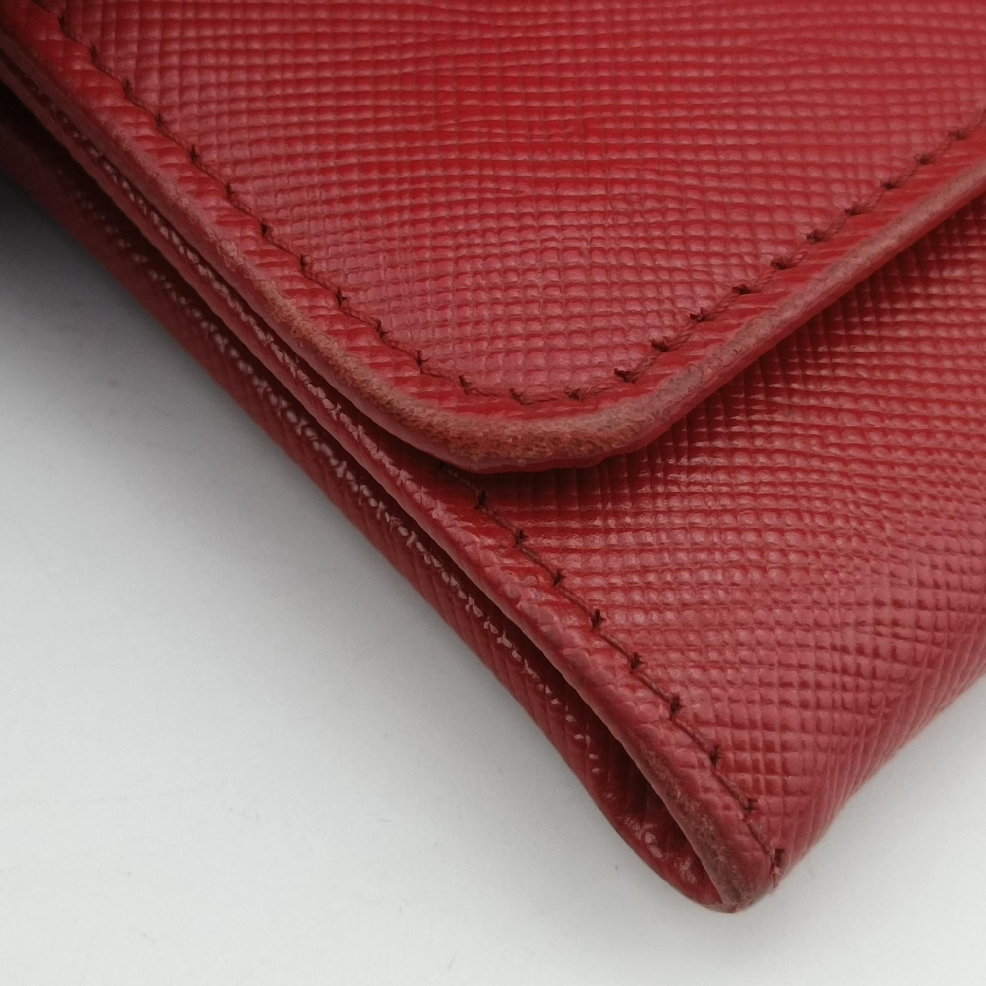 Pre-owned Prada Metal Wallet on Chain Cornflower Clutch Red Saffiano Leather 1MT290 shoulderbag | stylenewstar