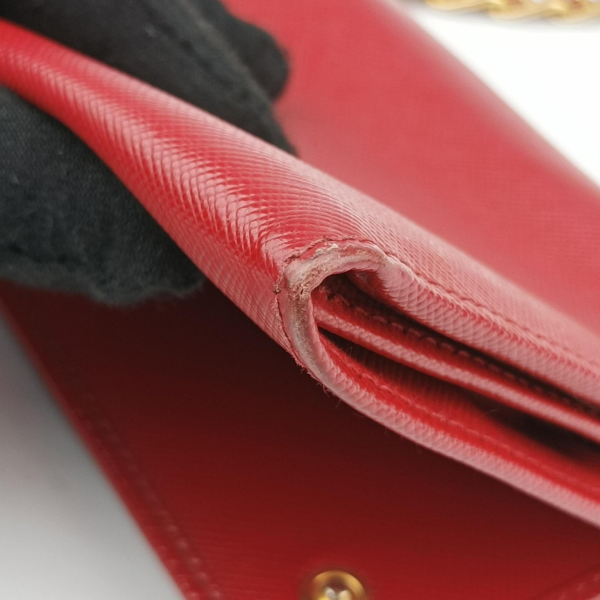Pre-owned Prada Metal Wallet on Chain Cornflower Clutch Red Saffiano Leather 1MT290 shoulderbag | stylenewstar