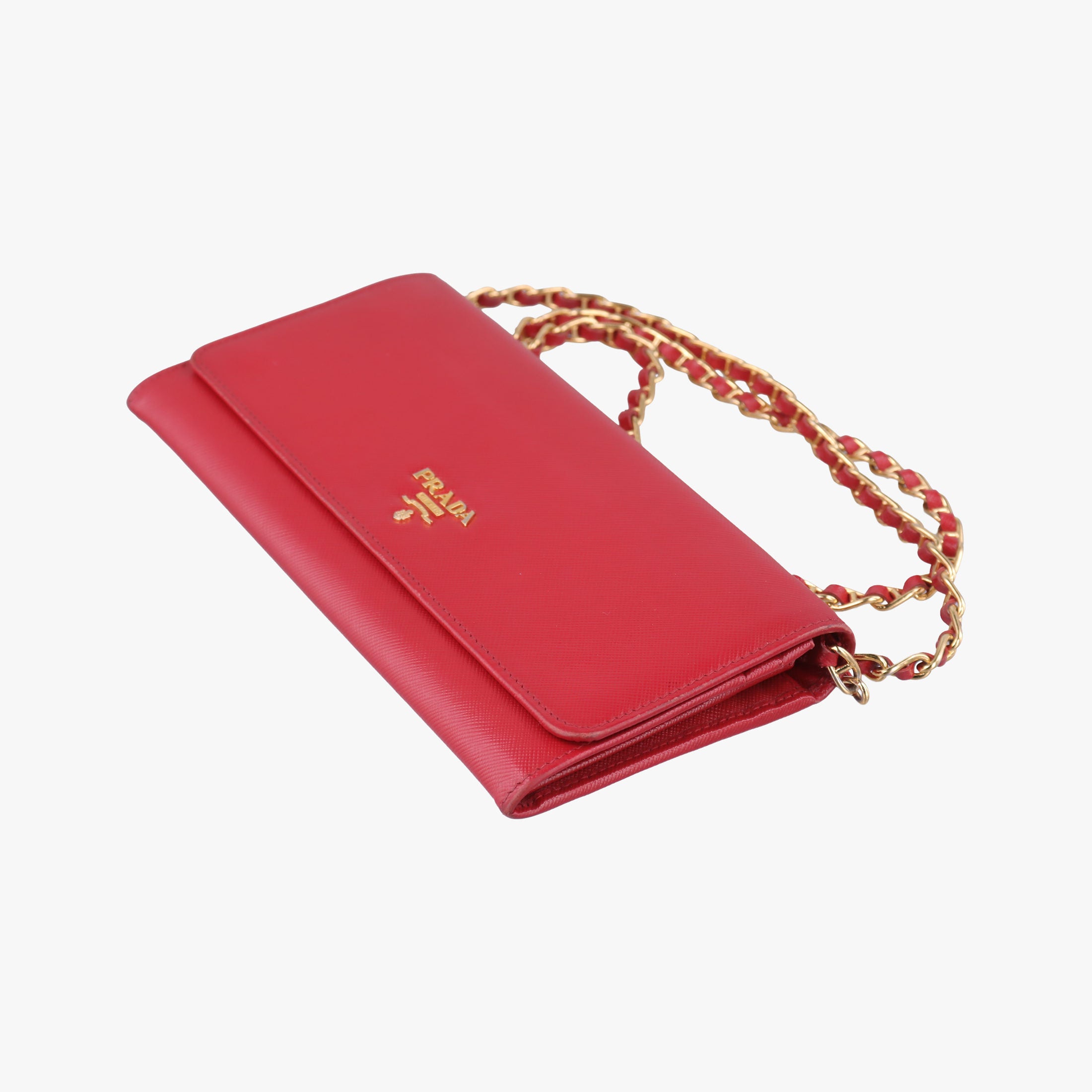 Pre-owned Prada Metal Wallet on Chain Cornflower Clutch Red Saffiano Leather 1MT290 shoulderbag | stylenewstar