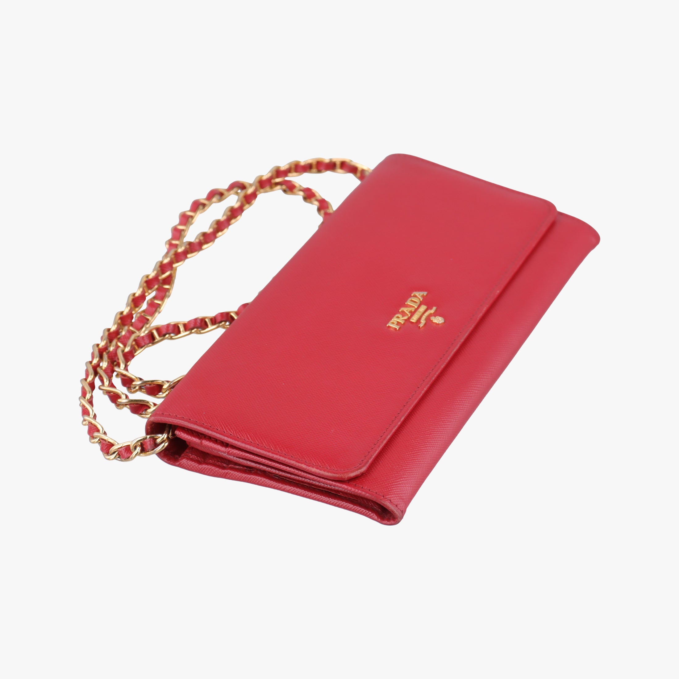 Pre-owned Prada Metal Wallet on Chain Cornflower Clutch Red Saffiano Leather 1MT290 shoulderbag | stylenewstar