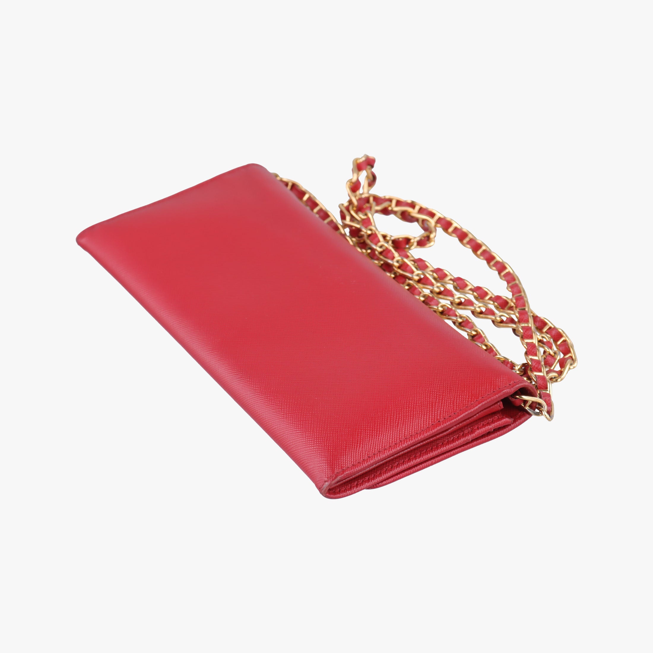 Pre-owned Prada Metal Wallet on Chain Cornflower Clutch Red Saffiano Leather 1MT290 shoulderbag | stylenewstar