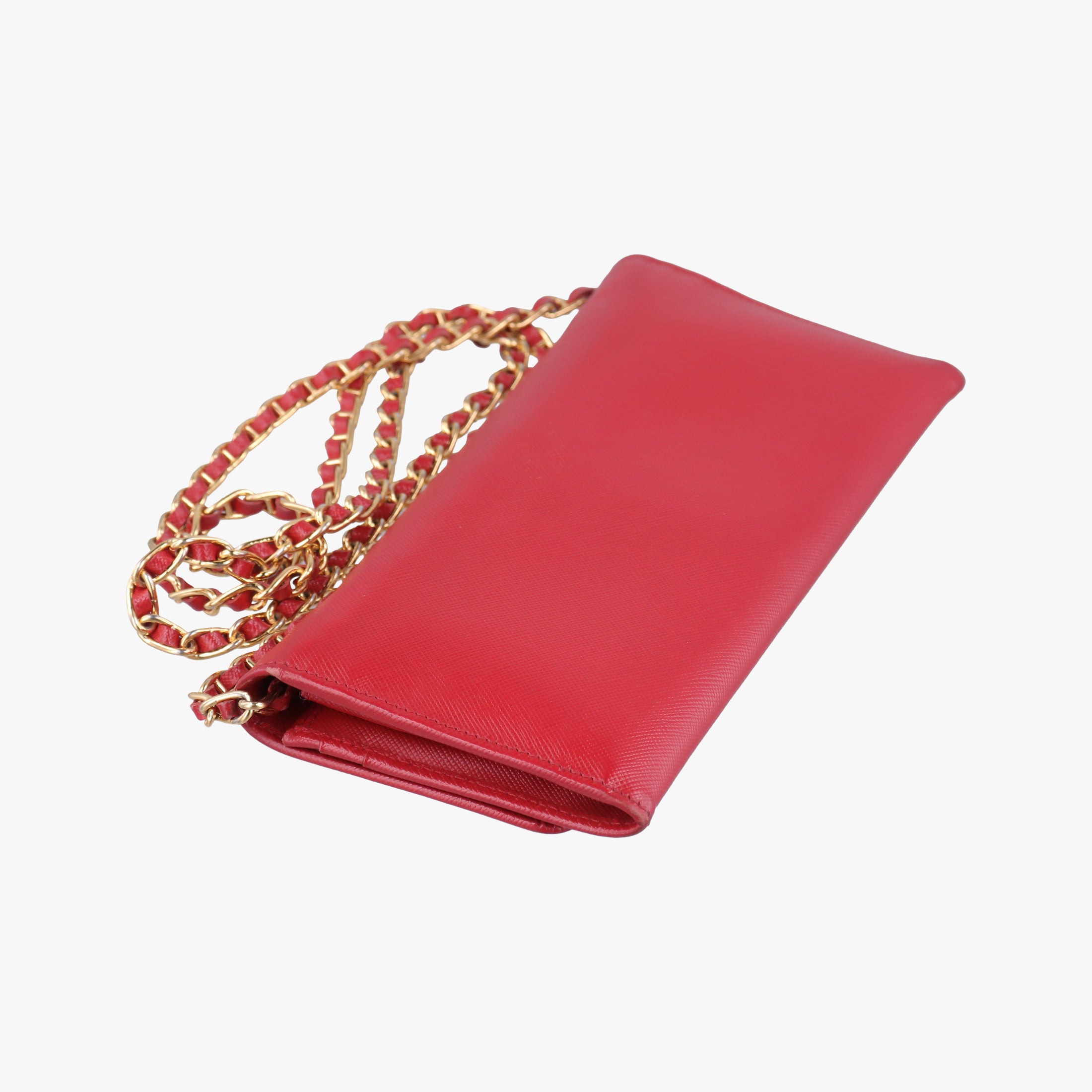 Pre-owned Prada Metal Wallet on Chain Cornflower Clutch Red Saffiano Leather 1MT290 shoulderbag | stylenewstar