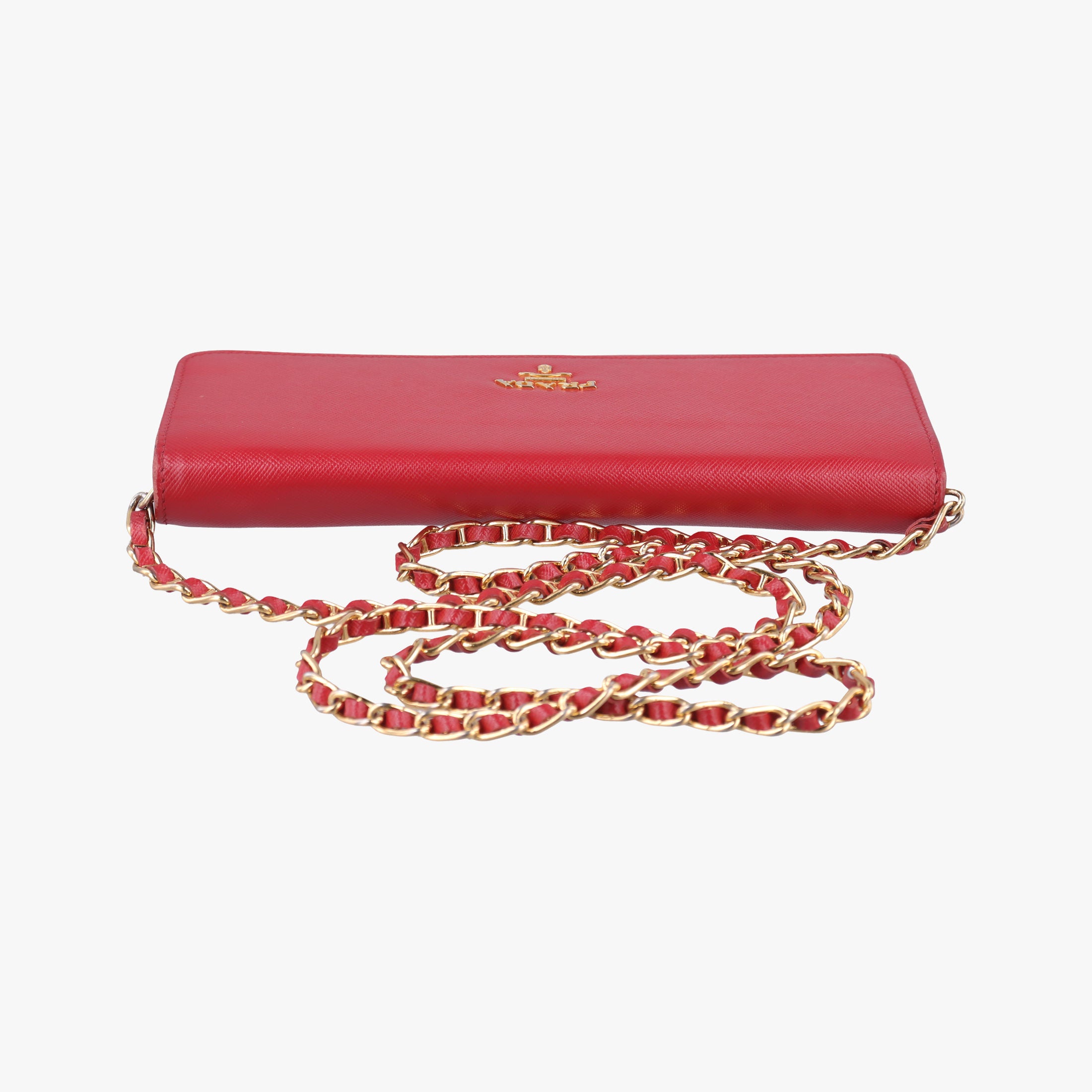 Pre-owned Prada Metal Wallet on Chain Cornflower Clutch Red Saffiano Leather 1MT290 shoulderbag | stylenewstar