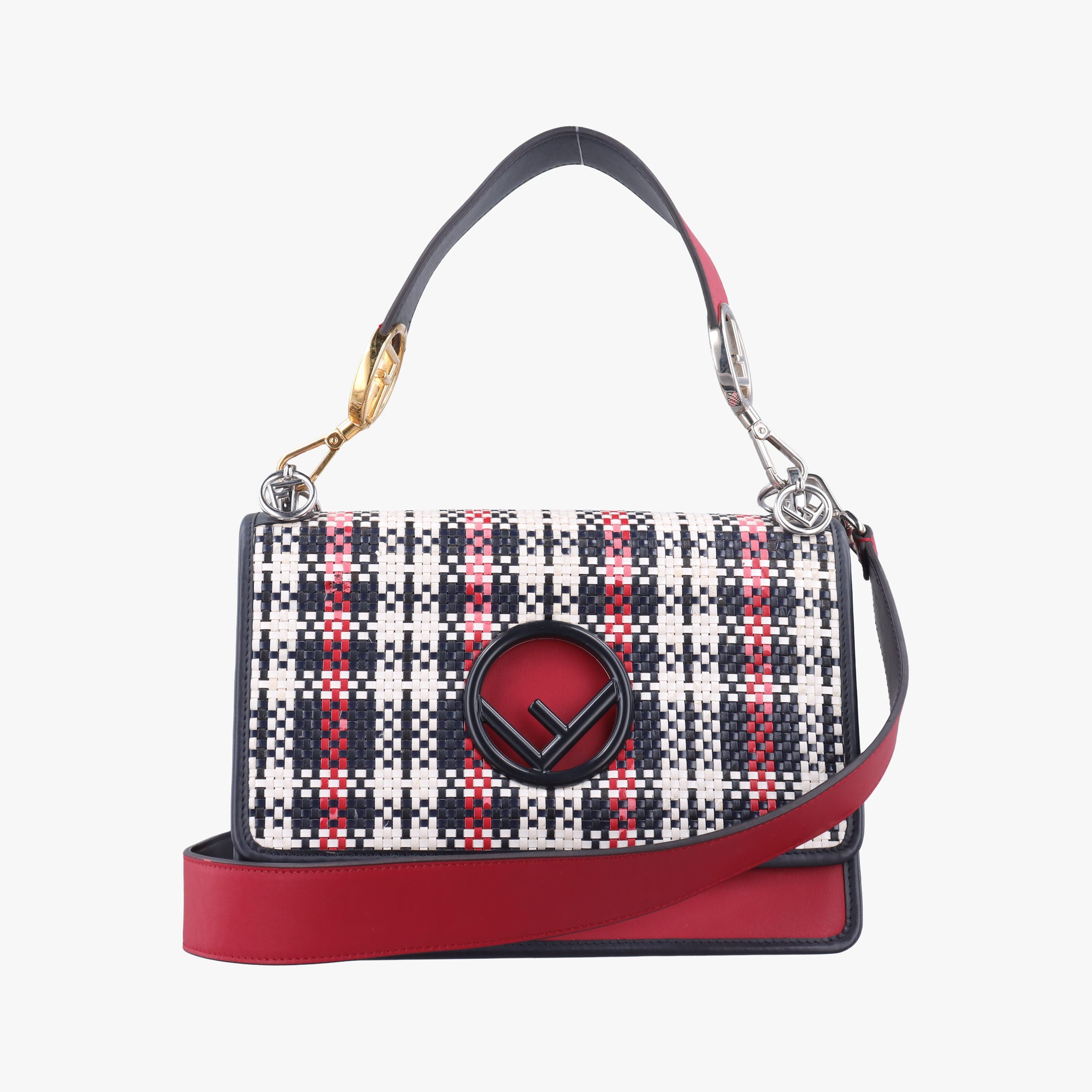 Pre-owned Fendi Kan I F Navy x Red x White Leather 8BT284 shoulderbag | stylenewstar