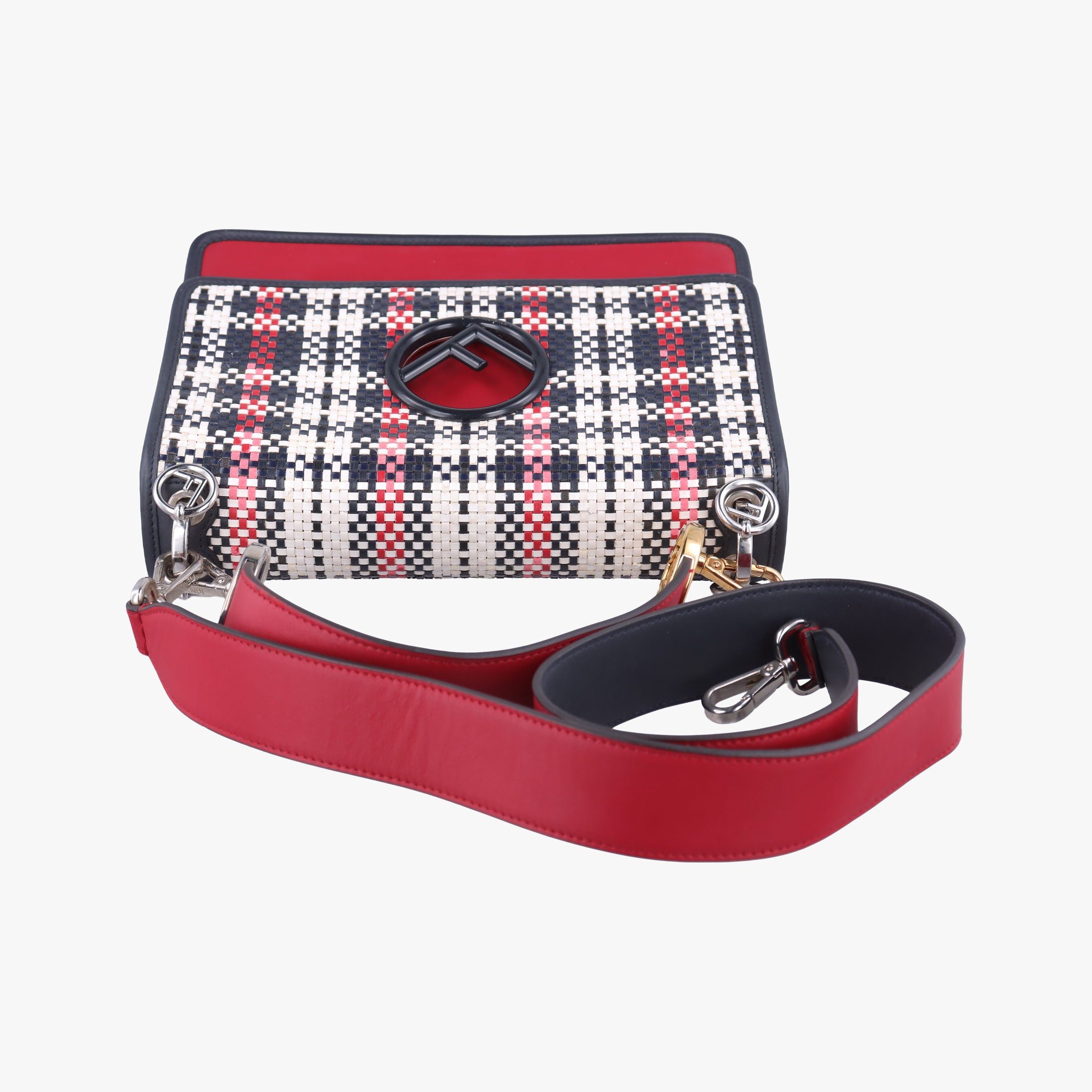 Pre-owned Fendi Kan I F Navy x Red x White Leather 8BT284 shoulderbag | stylenewstar