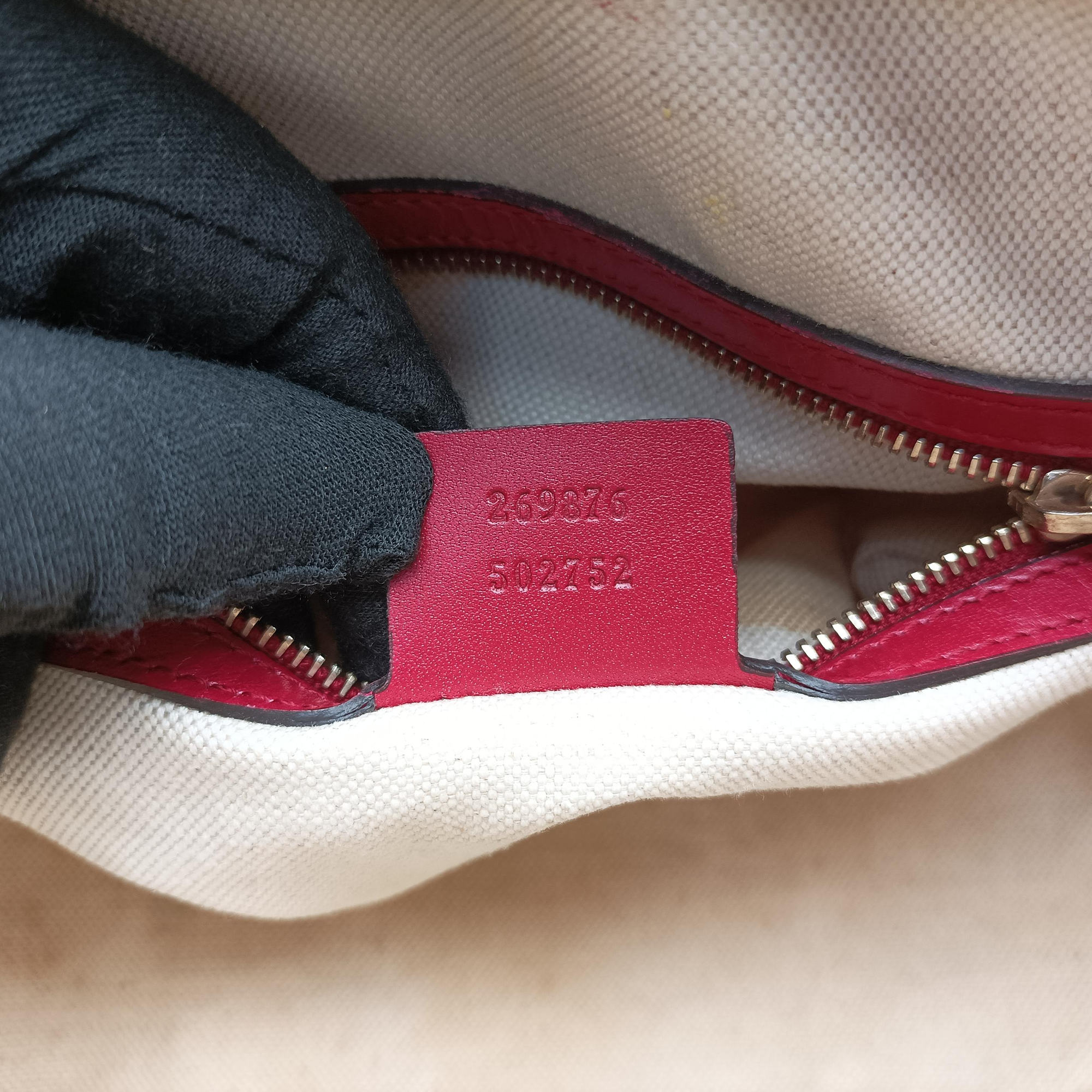Pre-owned Gucci Sherry Line khaki×red canvas×leather 269876 shoulderbag | stylenewstar