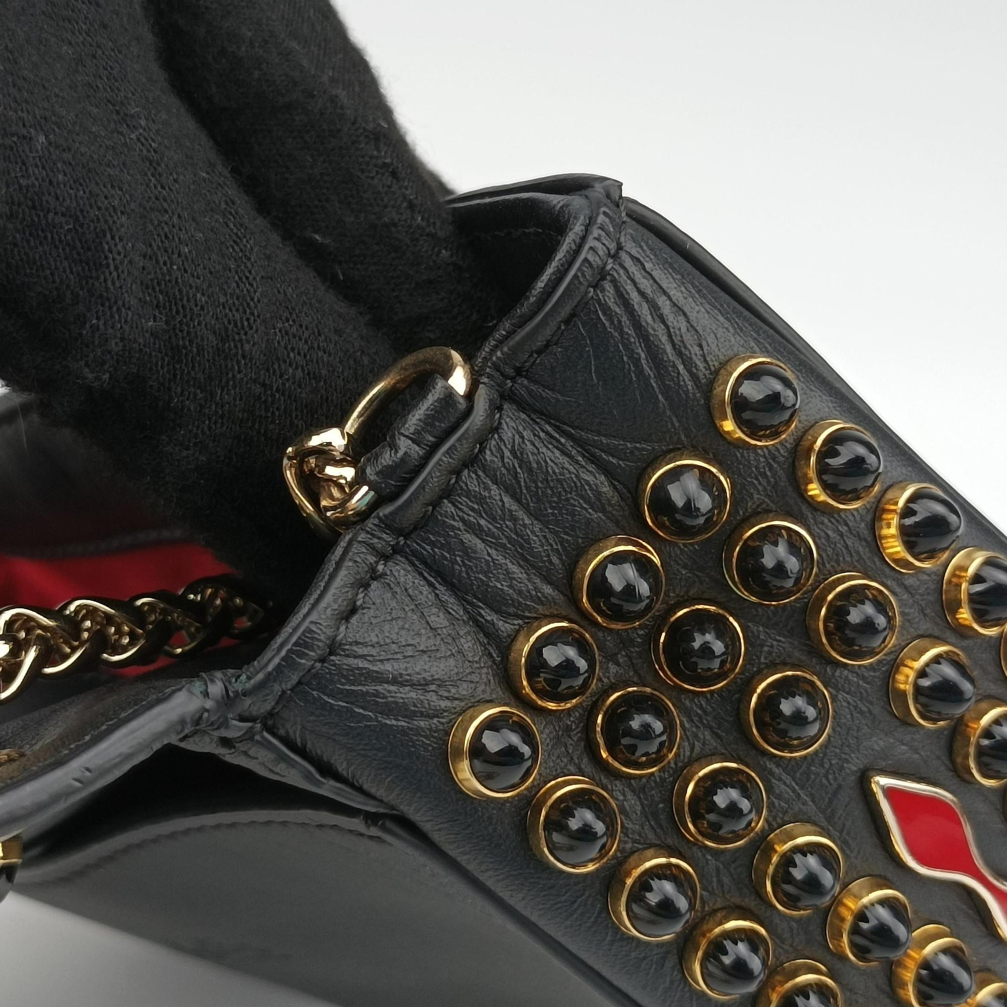 Pre-owned Christian Louboutin Sweet Charity Scarabe Spike Black Leather  shoulderbag | stylenewstar