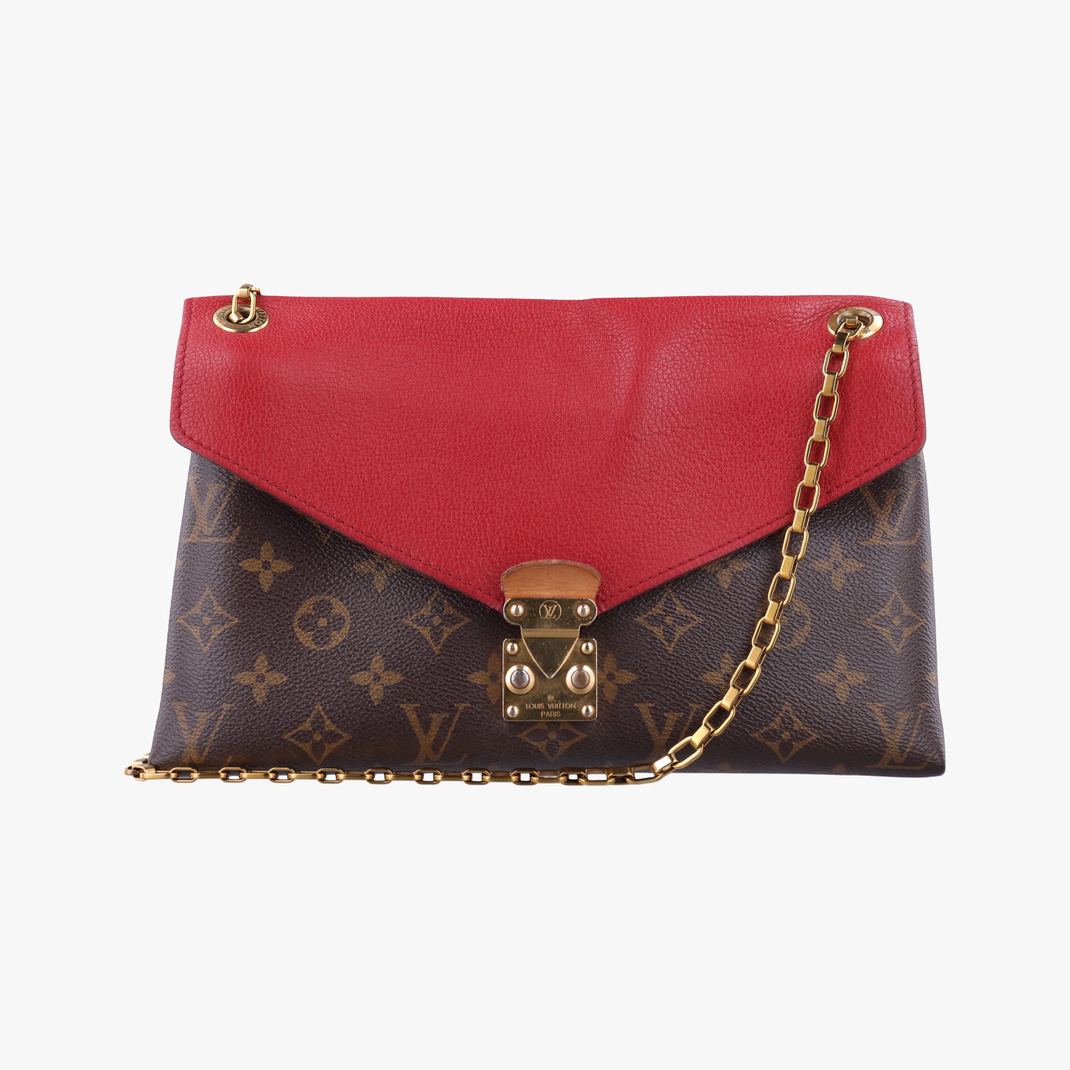 Pre-owned Louis Vuitton PALLAS Chain Brown×CERISE Monogram Canvas×calf leather M41201 shoulderbag | stylenewstar