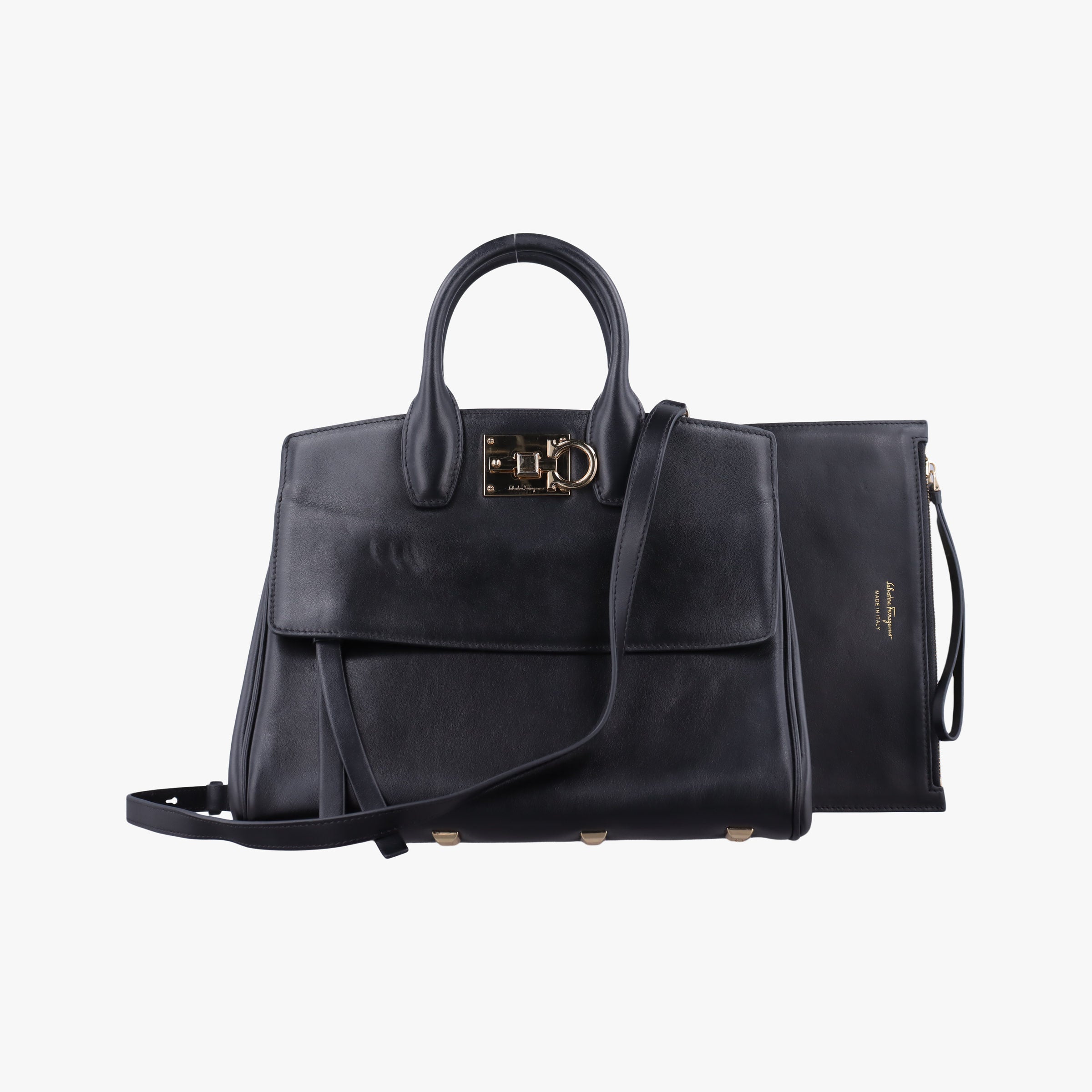 Pre-owned Ferragamo Gancini Black Leather FZ-21 H159 shoulderbag | stylenewstar