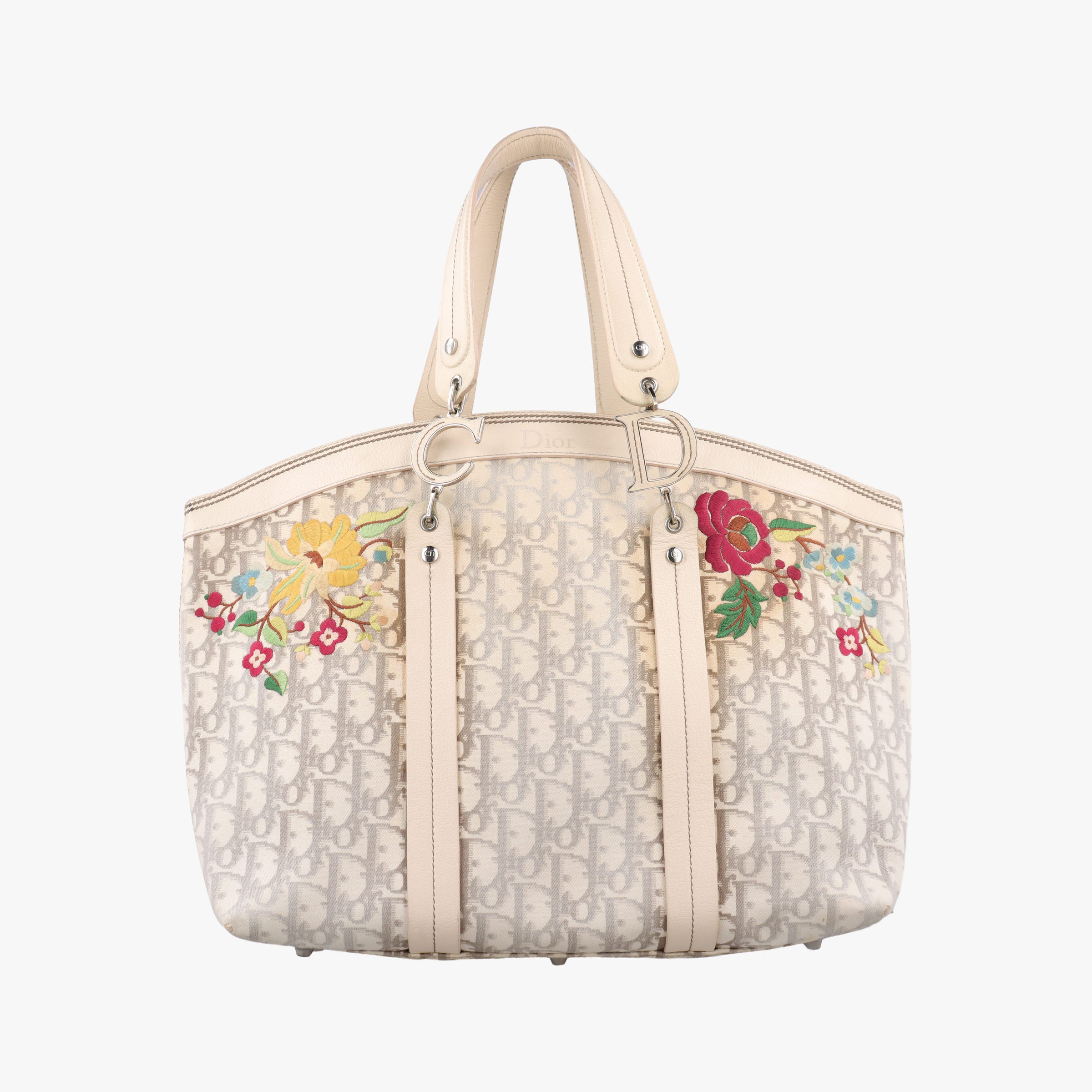 Pre-owned Christian Dior Trotter Flower Line White x Beige x Multicolor canvas × leather  handbag | stylenewstar