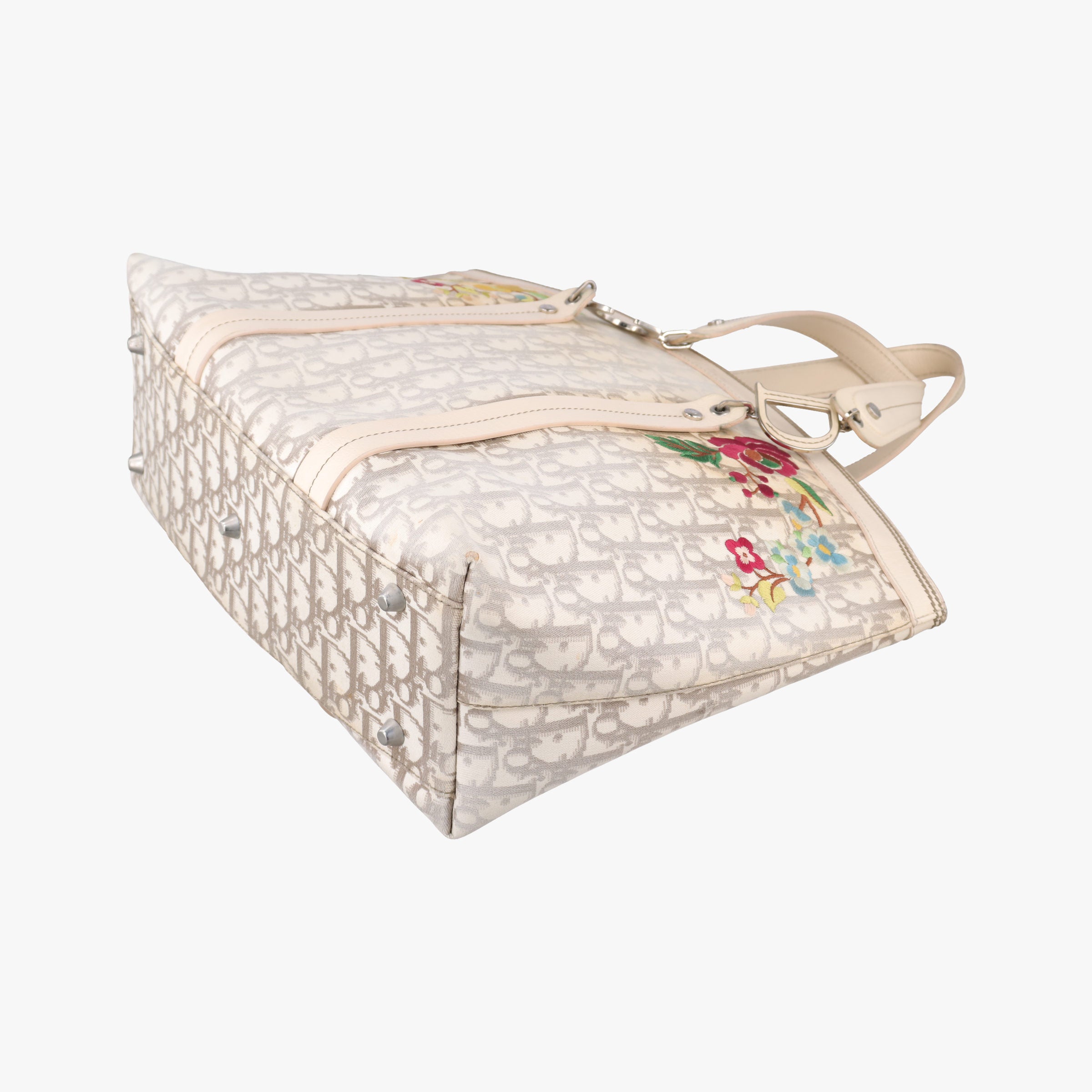Pre-owned Christian Dior Trotter Flower Line White x Beige x Multicolor canvas × leather  handbag | stylenewstar