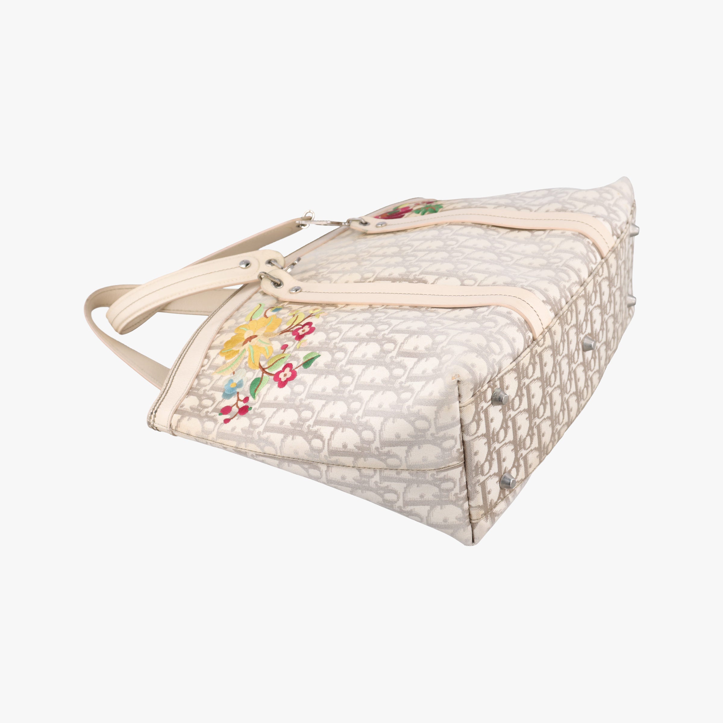 Pre-owned Christian Dior Trotter Flower Line White x Beige x Multicolor canvas × leather  handbag | stylenewstar