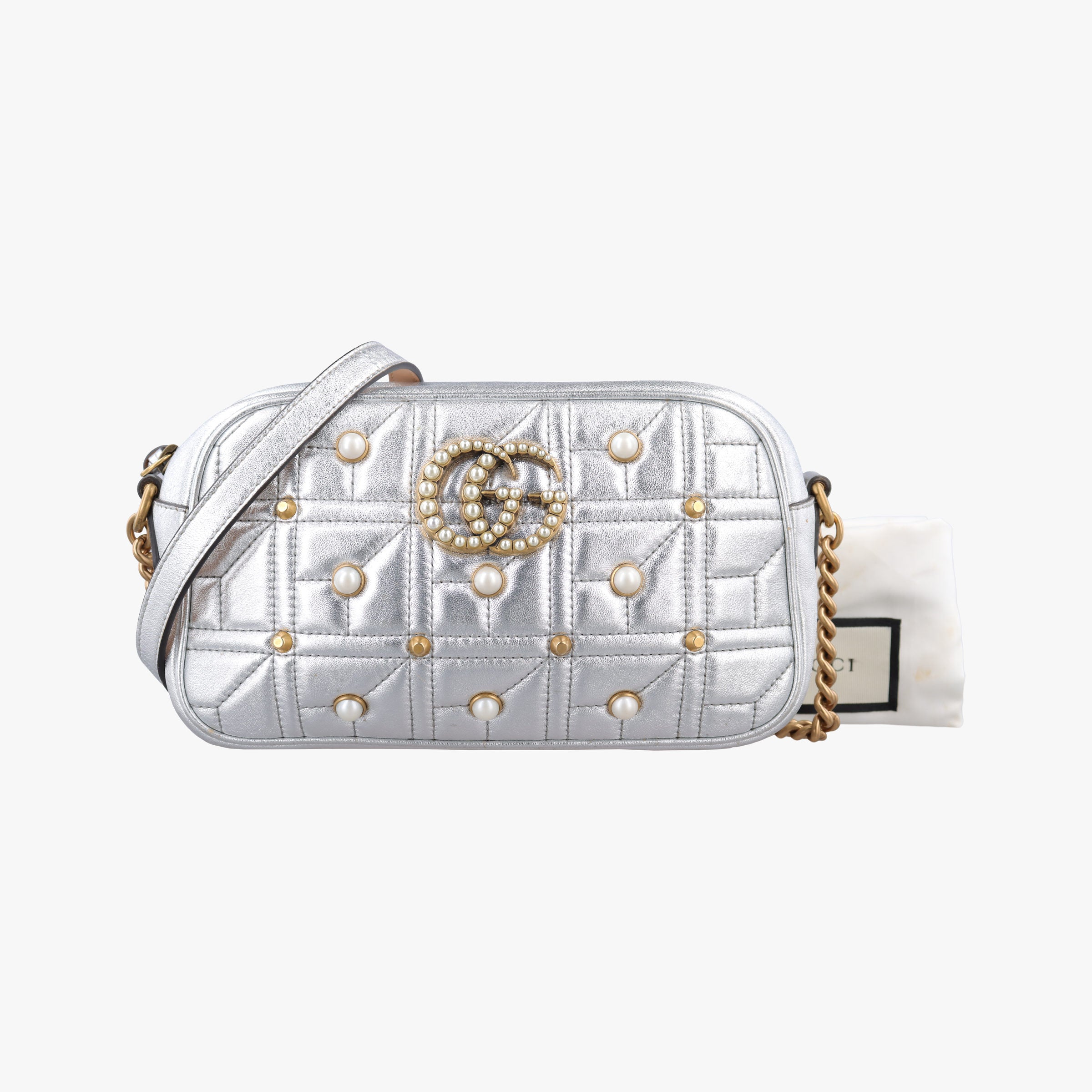 Pre-owned Gucci GG Marmont Silver Leather 447632 shoulderbag | stylenewstar