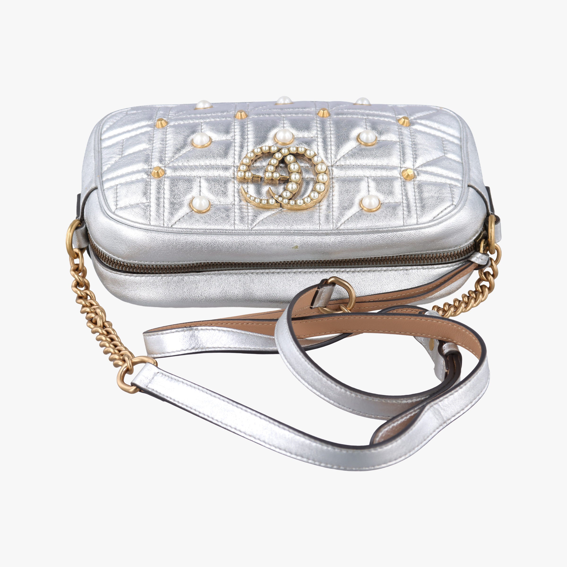 Pre-owned Gucci GG Marmont Silver Leather 447632 shoulderbag | stylenewstar