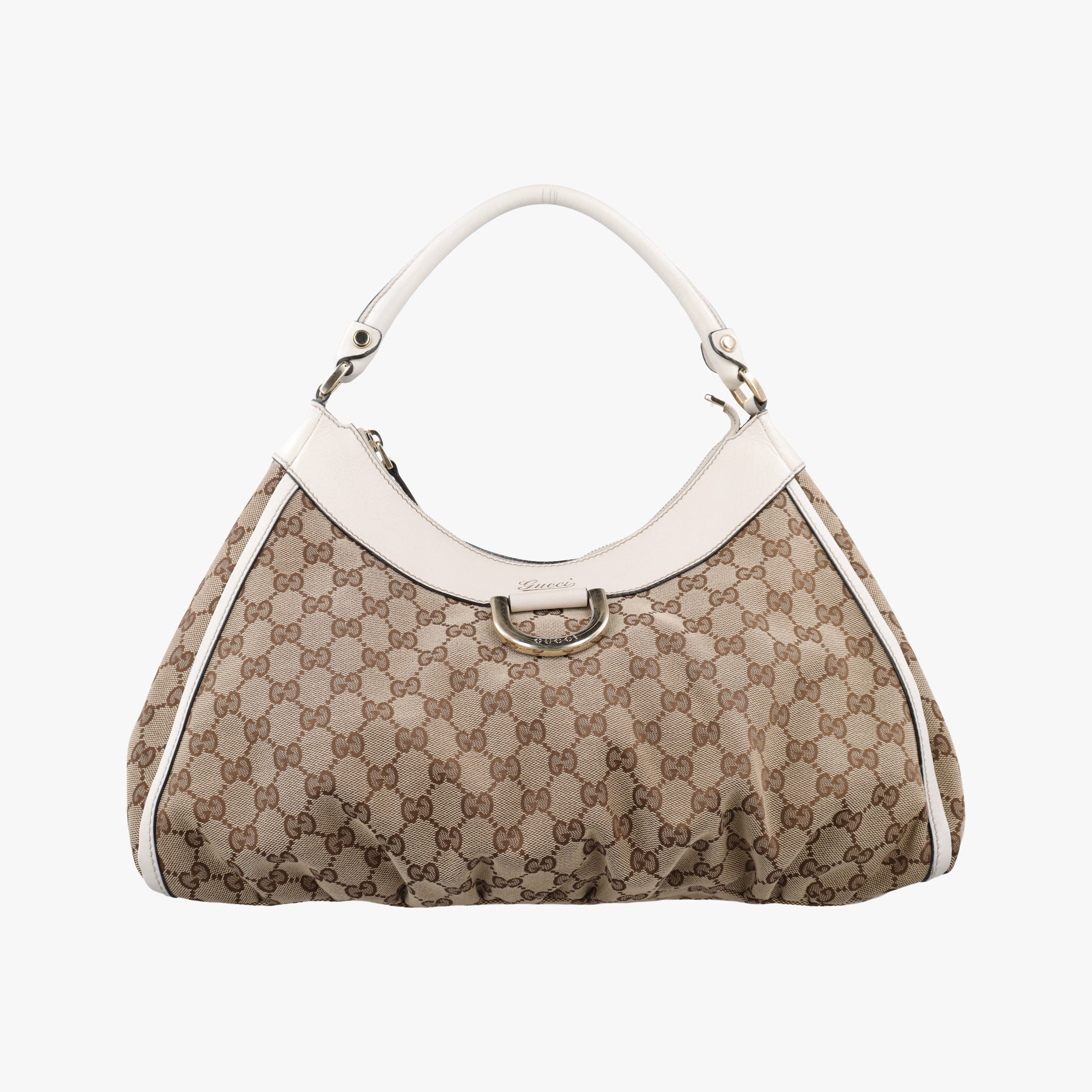 Secondhand Gucci Abbey D-ring Hobo Beige×White canvas×leather 189833 handbag | stylenewstar
