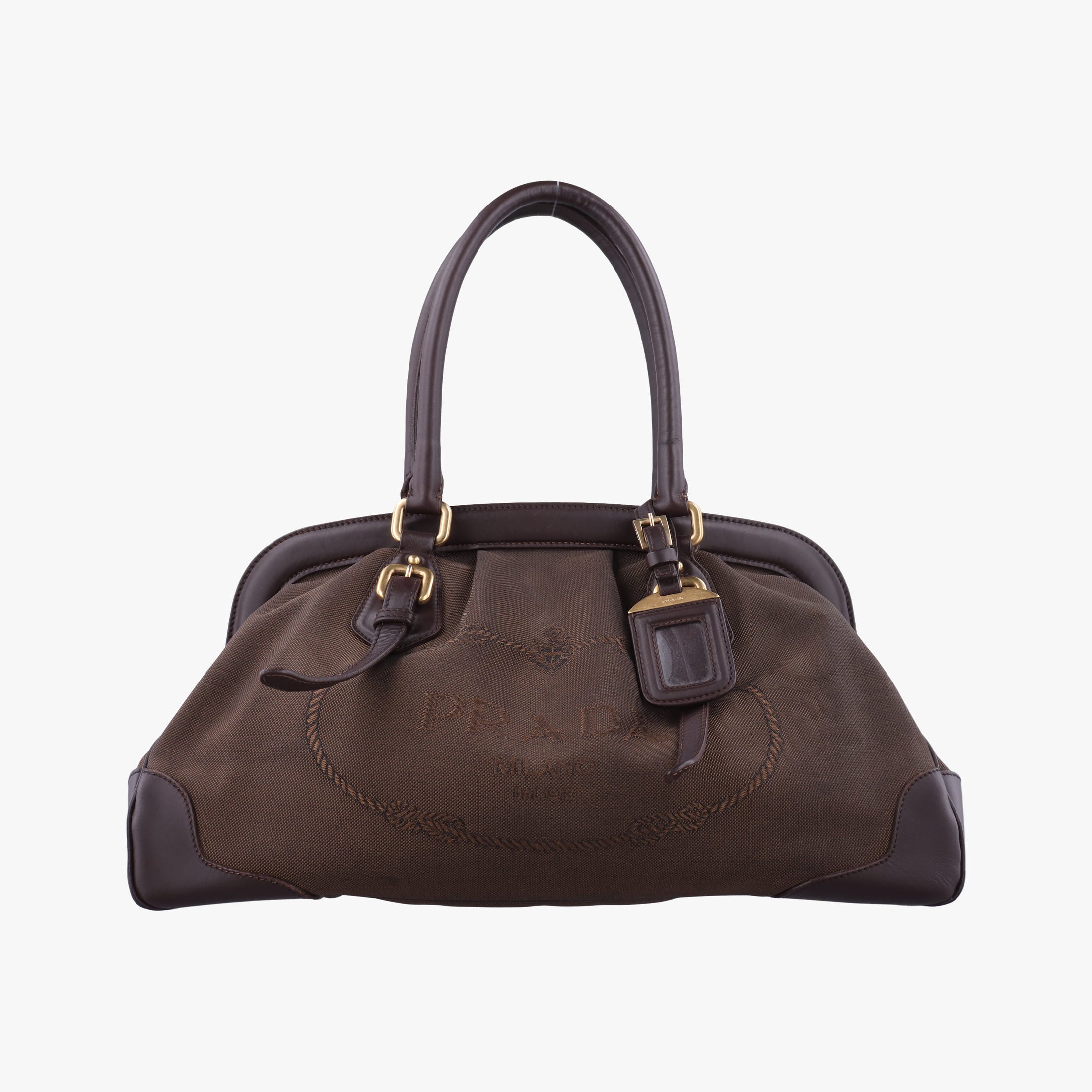 Pre-owned Prada Vitello Daino Trimmed Canapa Logo Frame Brown Fabric × leather BR3508 handbag | stylenewstar