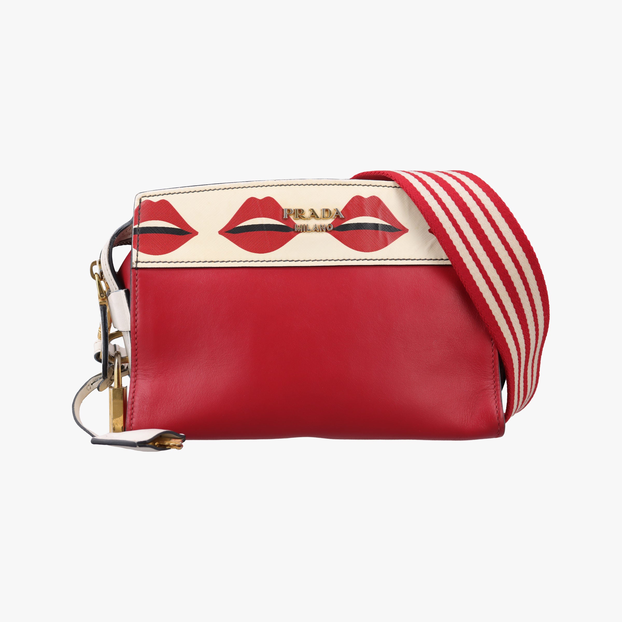 Pre-owned Prada lip print Esplanade Red×white Leather 1BH043 shoulderbag | stylenewstar