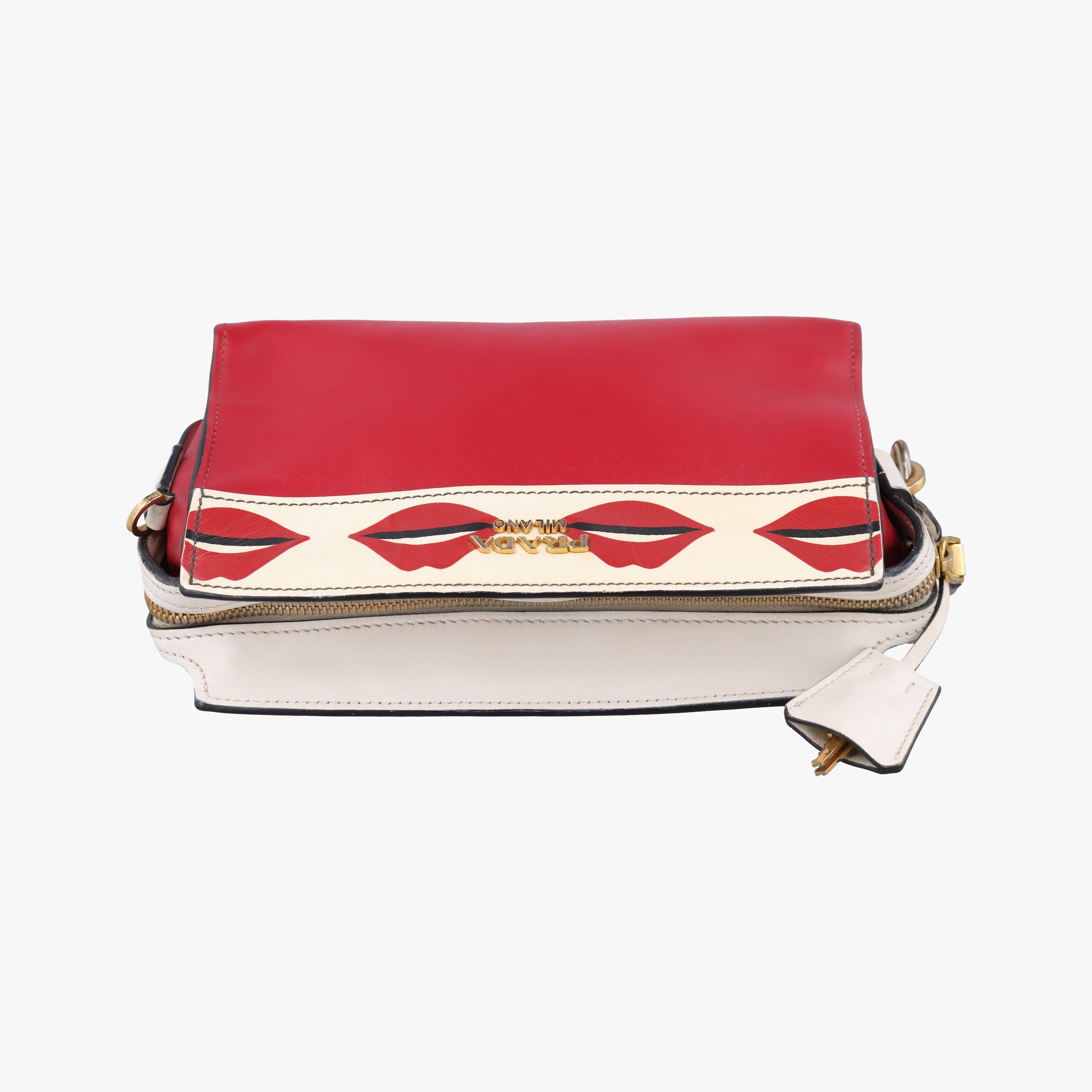 Pre-owned Prada lip print Esplanade Red×white Leather 1BH043 shoulderbag | stylenewstar