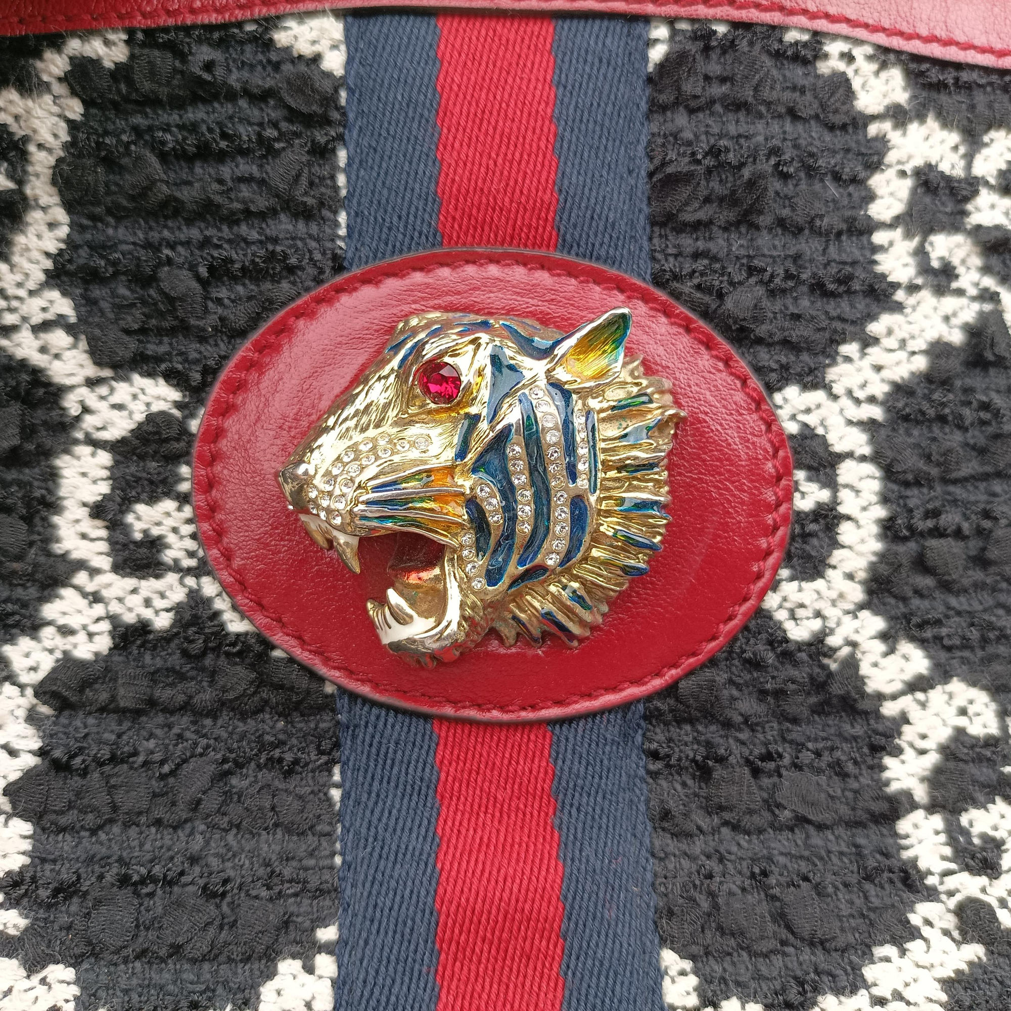 Pre-owned Gucci Rajah Black × Red × Multi Tweed × Leather 537219 shoulderbag | stylenewstar