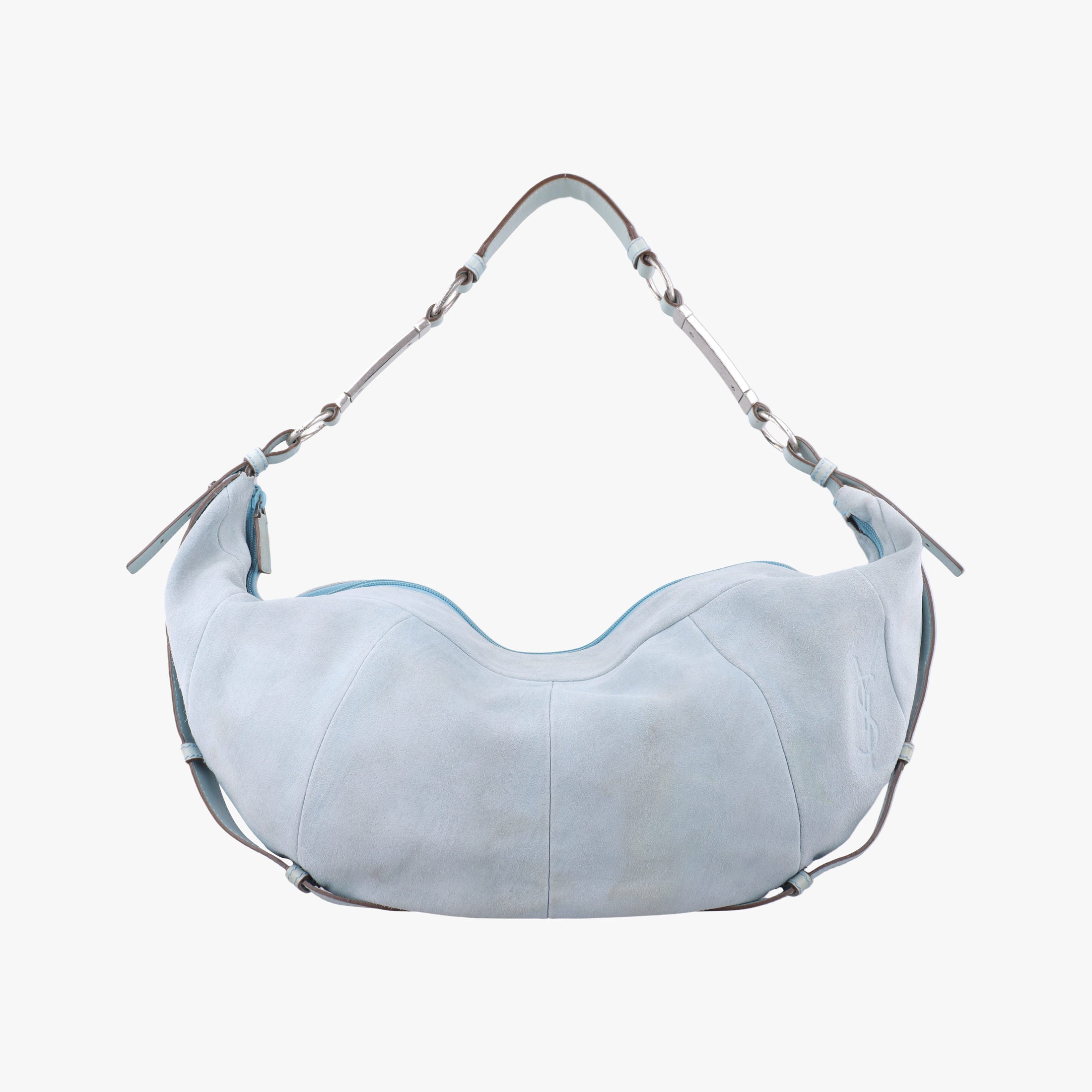 Pre-owned Yves Saint Laurent Rive Gauche Mombasa Light Blue Suede 205118 shoulderbag | stylenewstar