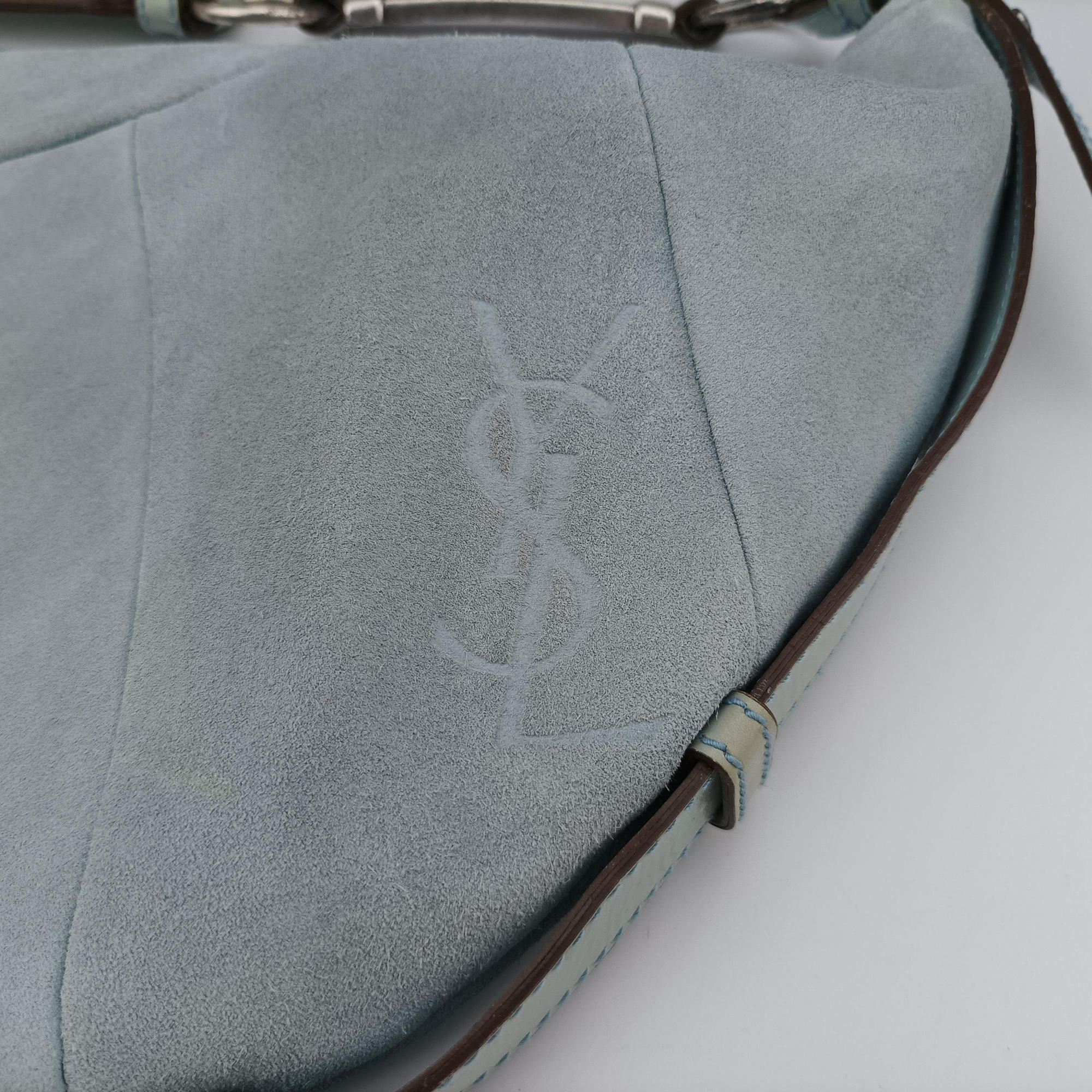 Pre-owned Yves Saint Laurent Rive Gauche Mombasa Light Blue Suede 205118 shoulderbag | stylenewstar